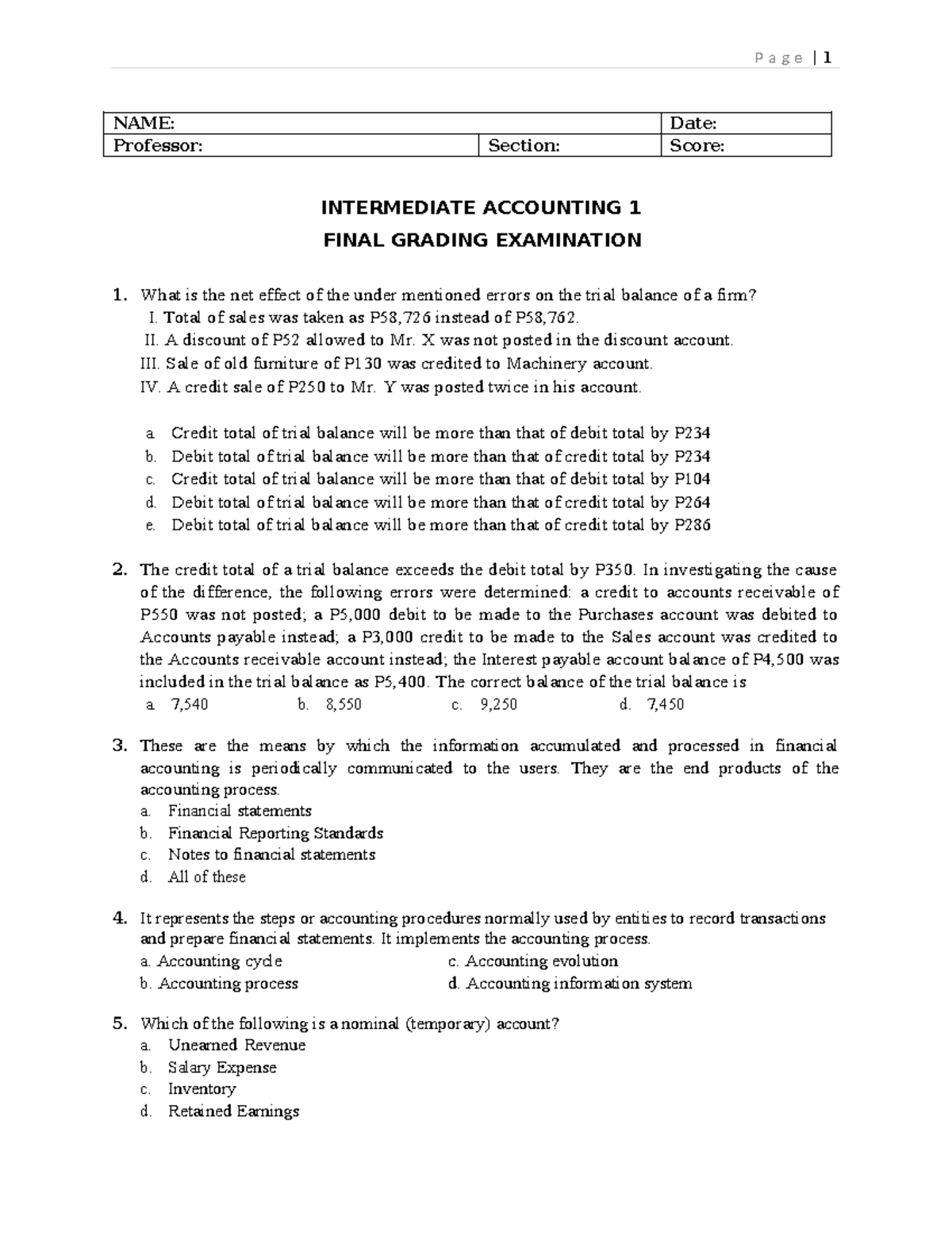 intermediate accoutning - NAME: Date: Professor: Section: Score ...