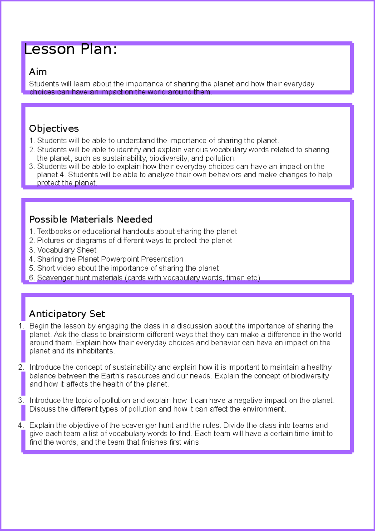 Day1 Lesson Plan - Lesson Plan: Aim Students will learn about the ...