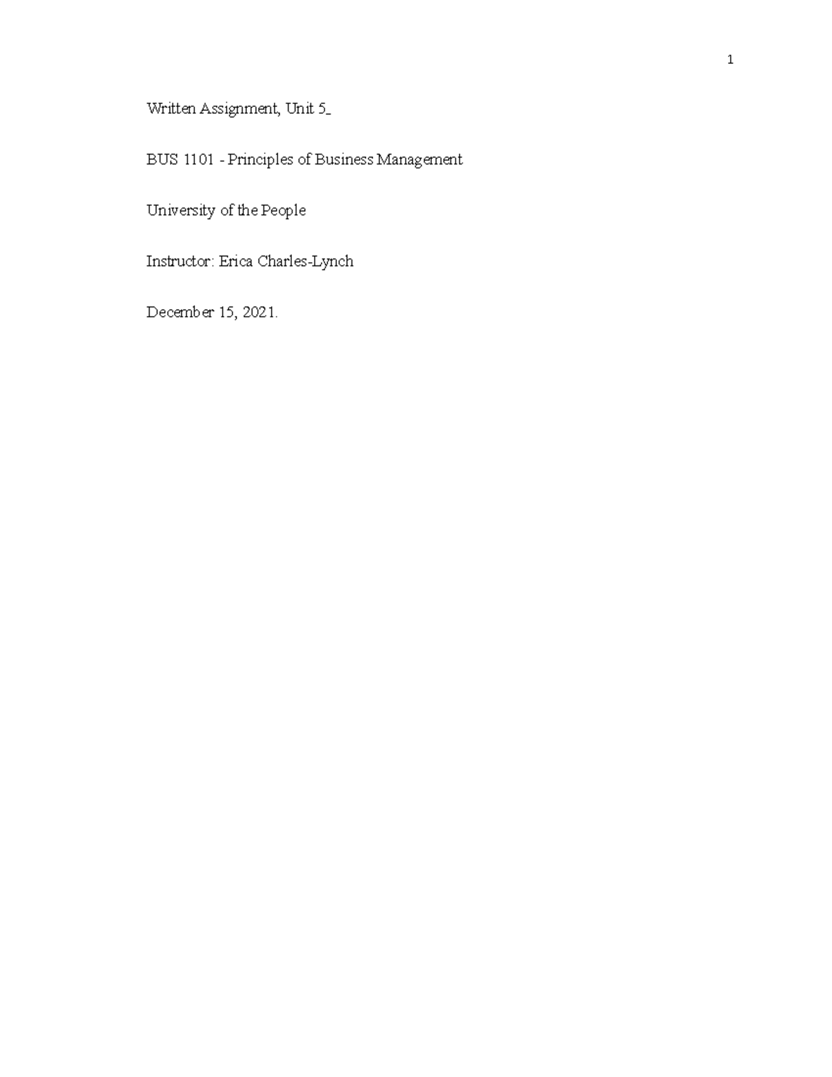 Principals Of Business Management-Written Assignment Unit 5 - Written ...