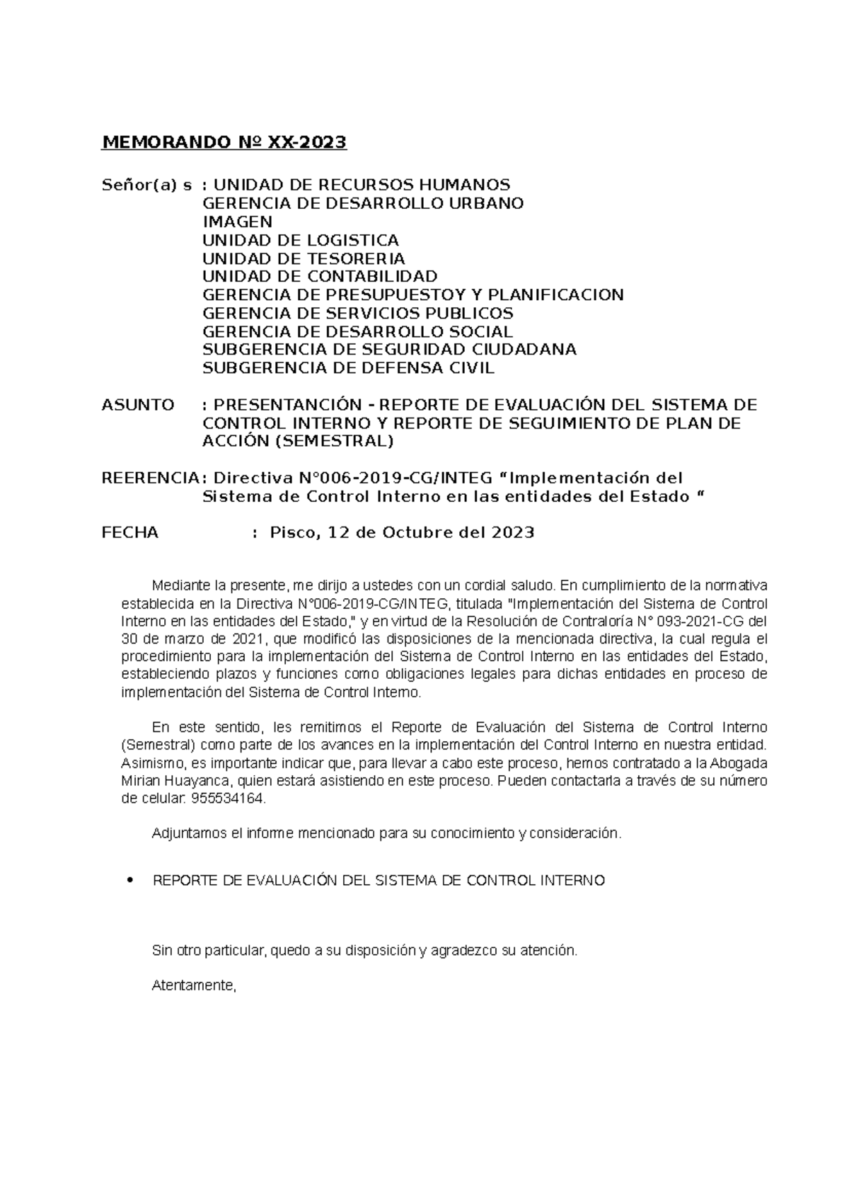 Memorando Presentanción - Reporte DE Evaluación DEL Sistema DE Control ...