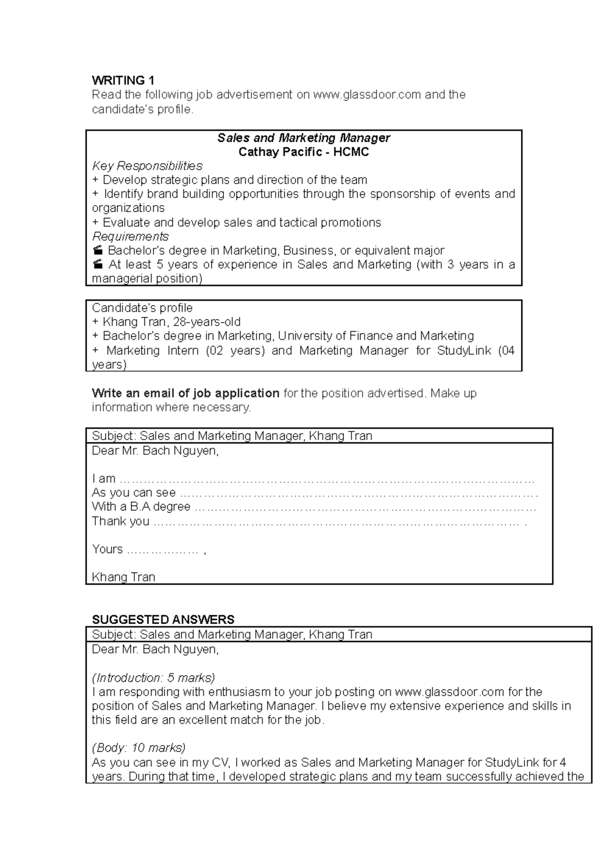 2 Writing Tasks final test WRITING 1 Read the following job