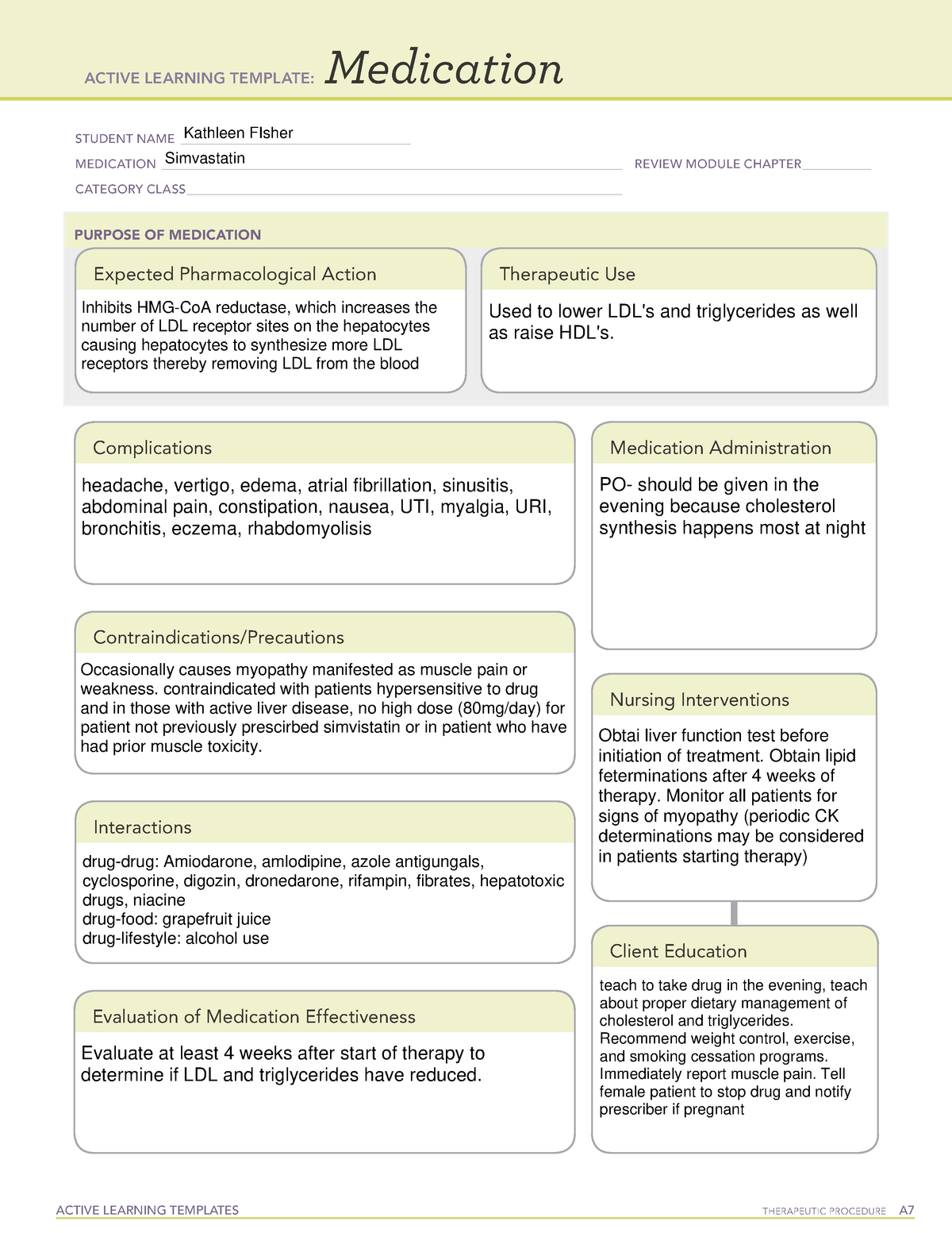 Medtemp simvastatin ATI medication/system template ACTIVE LEARNING