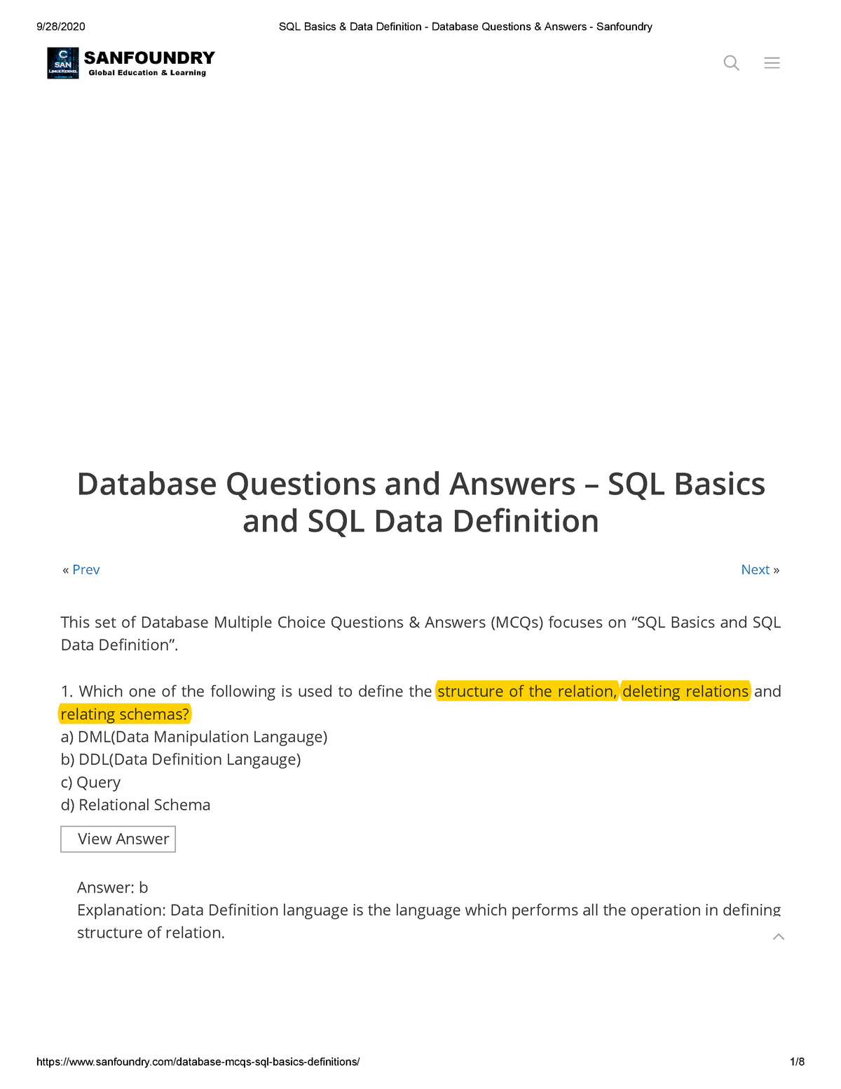 SQL Basics & Data Definition - Database Questions & Answers ...