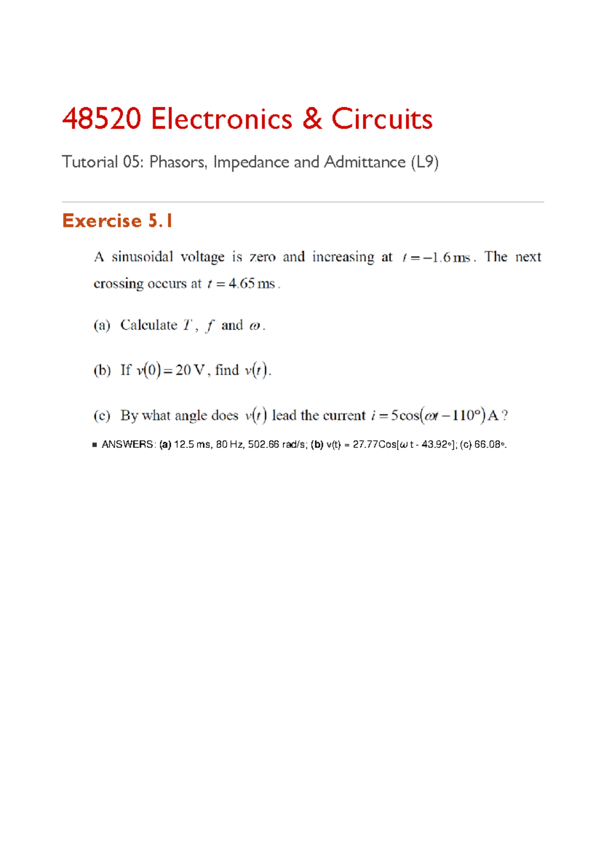 Tutorial Week 6 - 48520 Electronics & Circuits Tutorial 05: Phasors ...