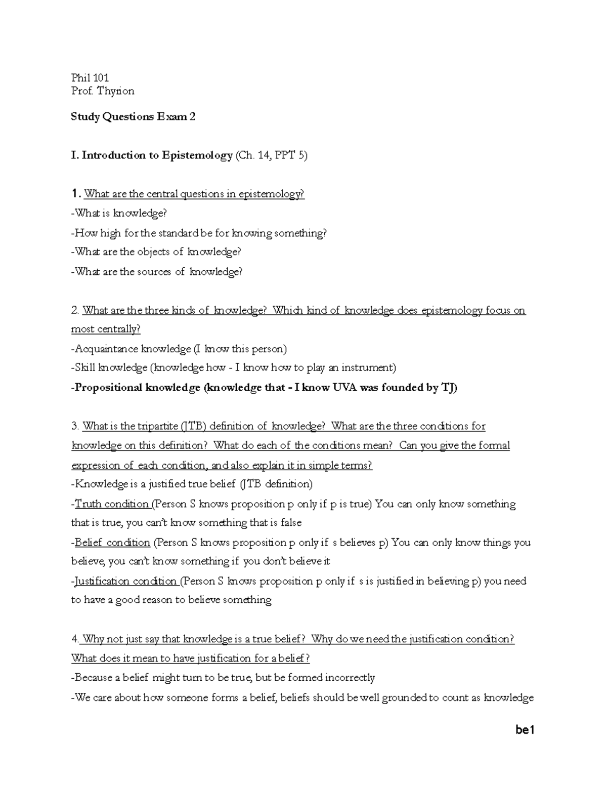 PHIL 101 Exam 2 Study Guide - Phil 101 Prof. Thyrion Study Questions ...