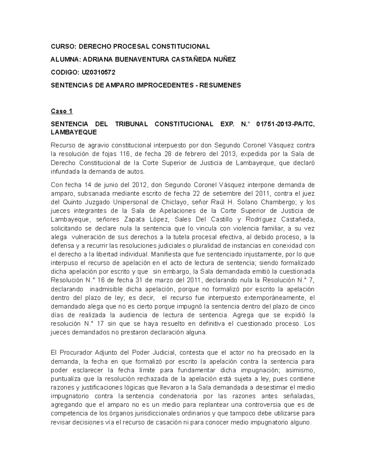 Sentencias DE Amparo Improcedentes - CURSO: DERECHO PROCESAL