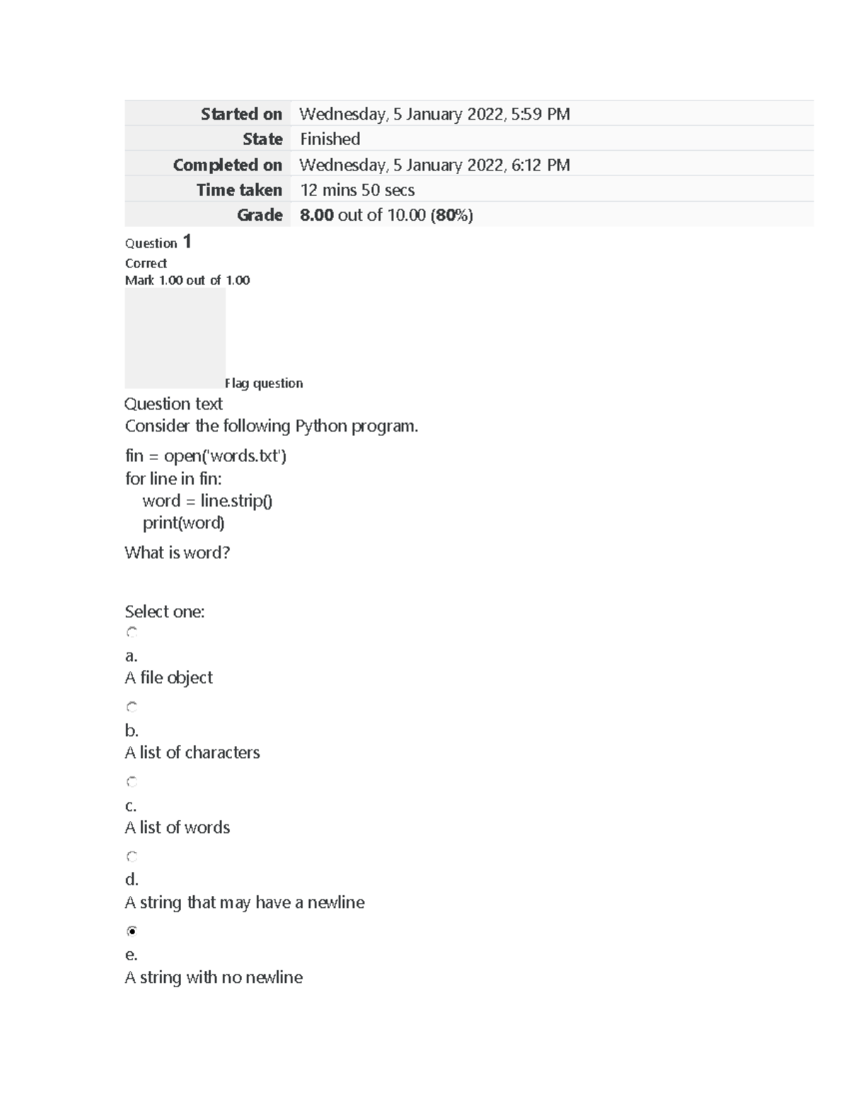 CS 1101 - Wk # 8 Self Quiz - i - Started on Wednesday, 5 January 2022 ...