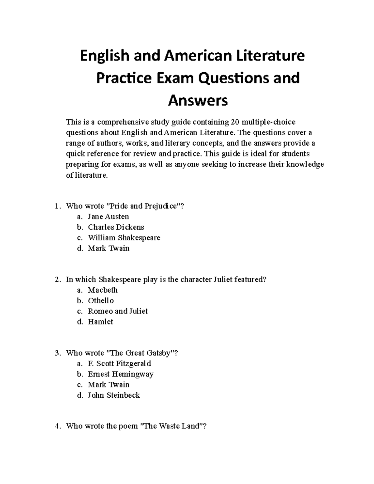 English And American Literature Practice Exam Questions And Answers ...