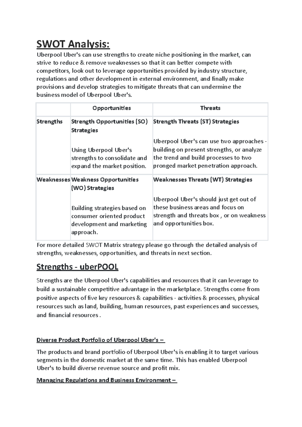 Uber tp - Swot analysis and pestle analysis of uber - SWOT Analysis ...