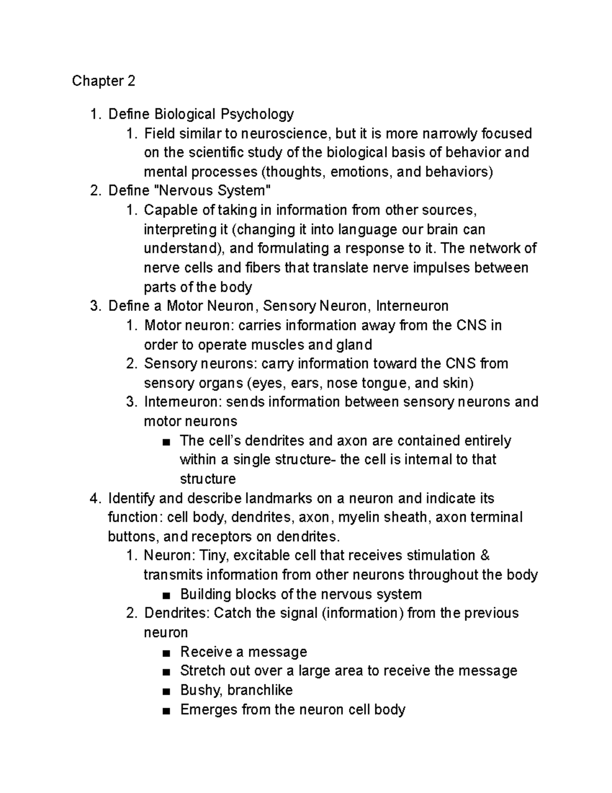 PSYC 181 Exam 2 Study Guide - Chapter 2 1. Define Biological Psychology ...