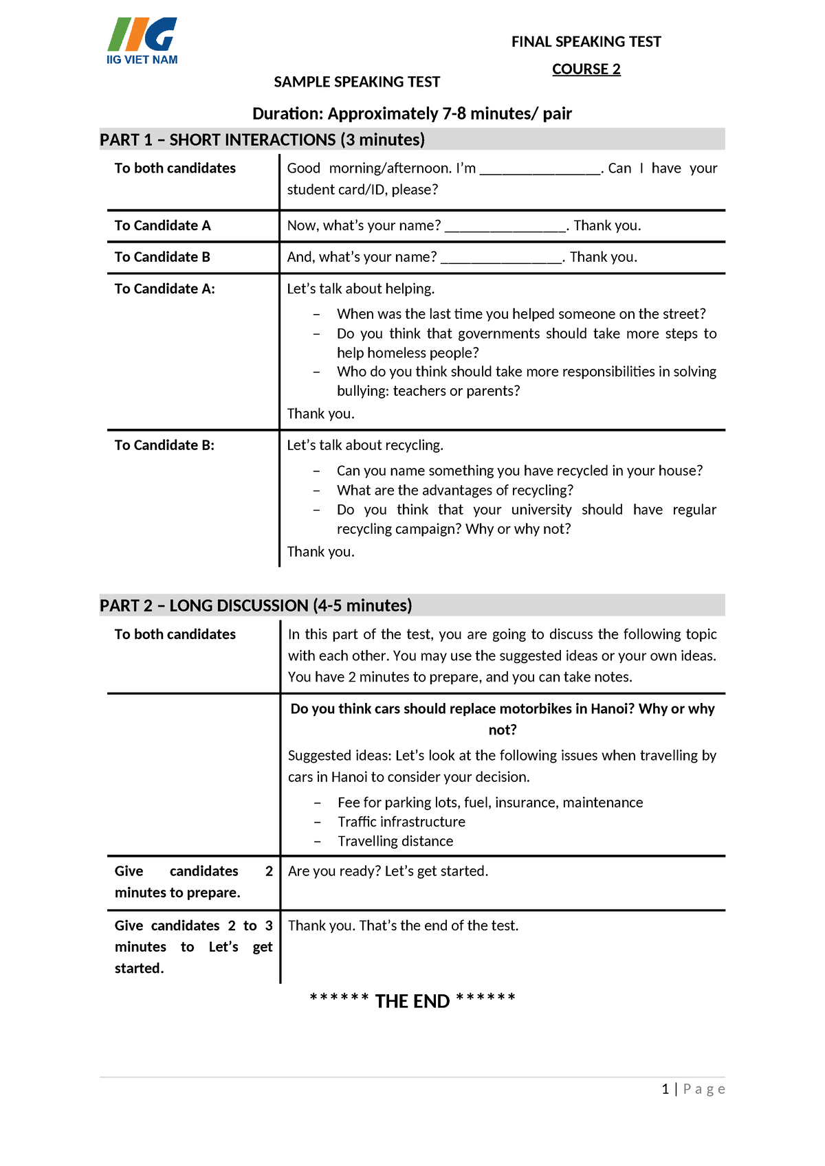 Sample Speaking TEST-Course 2 - SAMPLE SPEAKING TEST FINAL SPEAKING ...