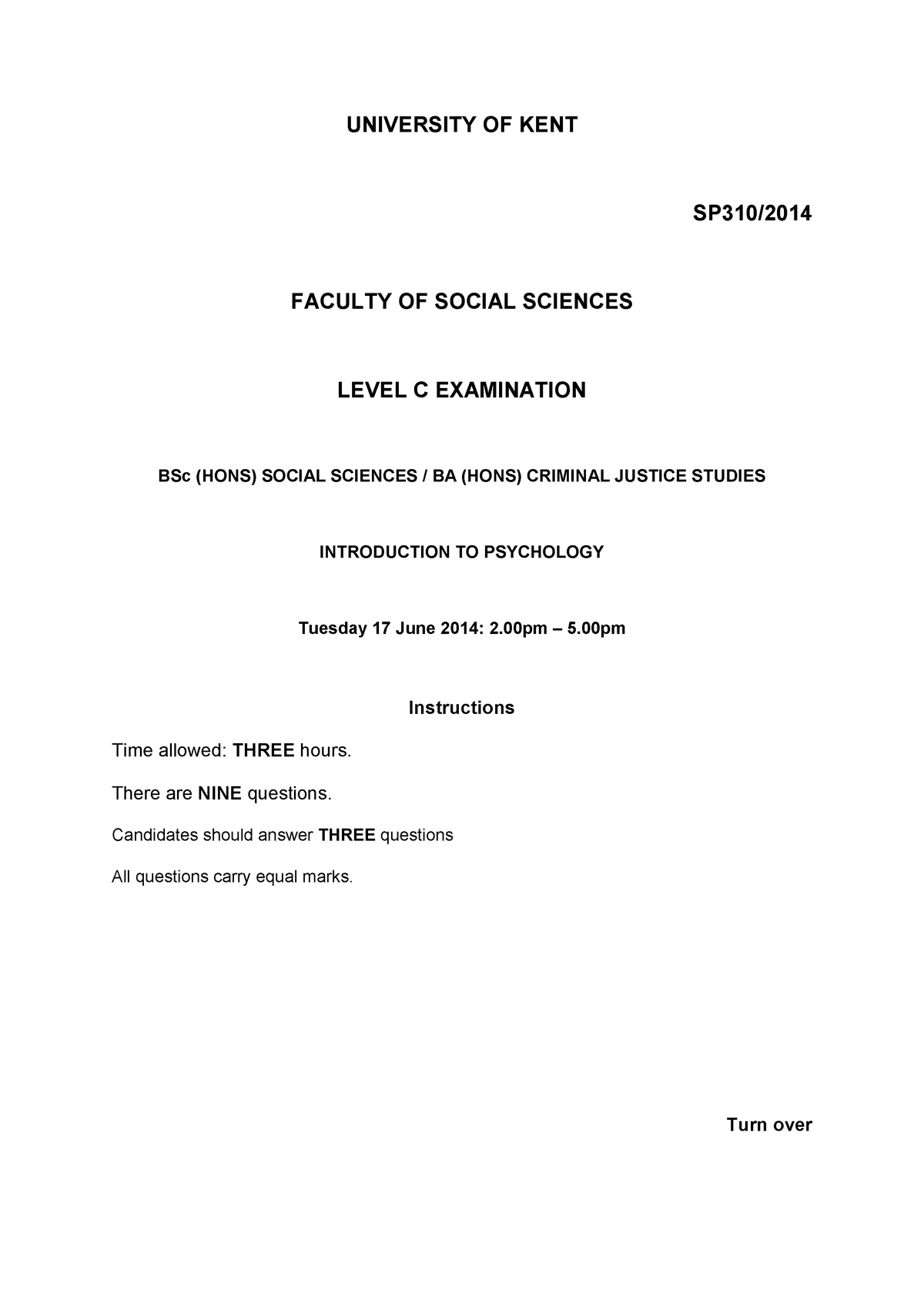 Exam 2015, questions UNIVERSITY OF KENT SP310/ FACULTY OF SOCIAL