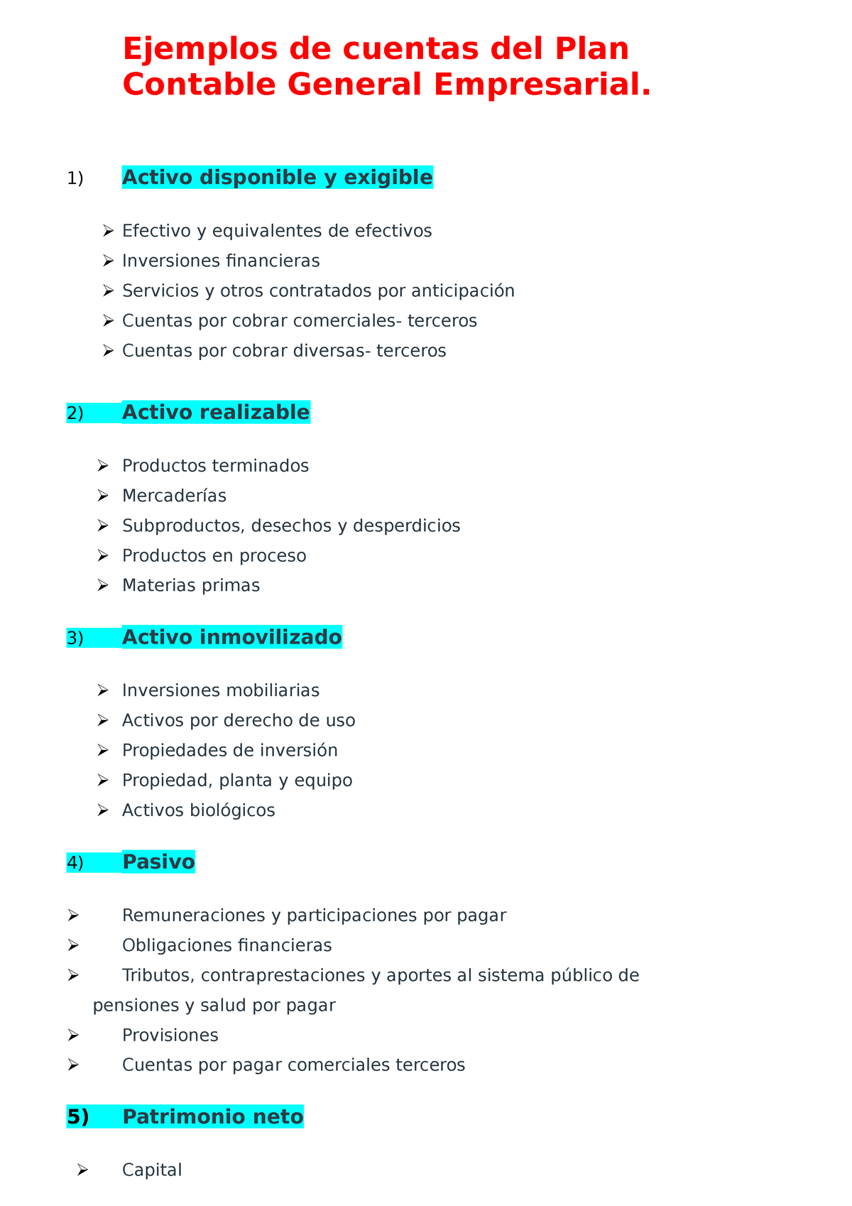 Ejemplos De Cuentas Del Plan Contable General Empresarial Fcyf 1 Activo Disponible Y 6248