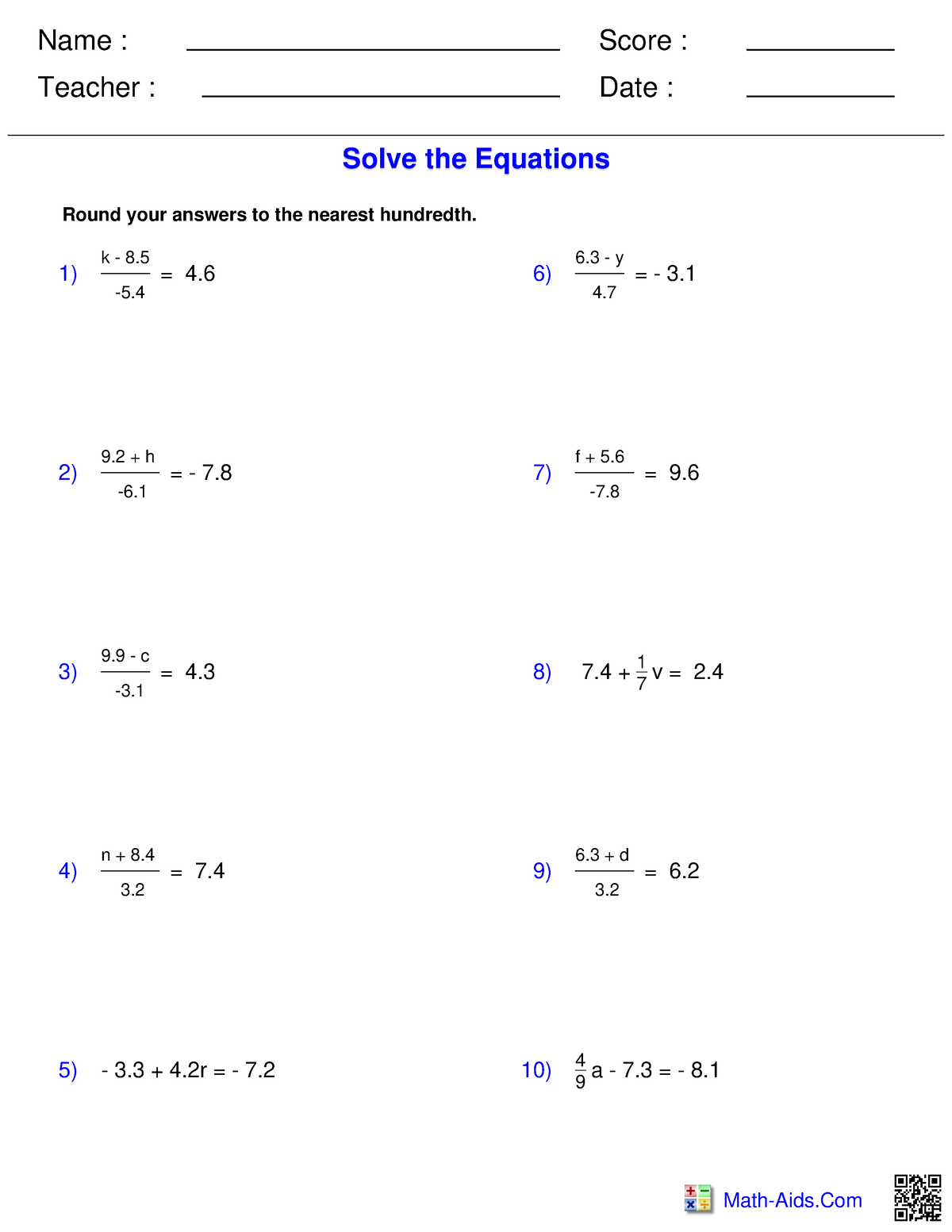 Pre-algebra equations two decimals - Name : Teacher : Date : Score ...