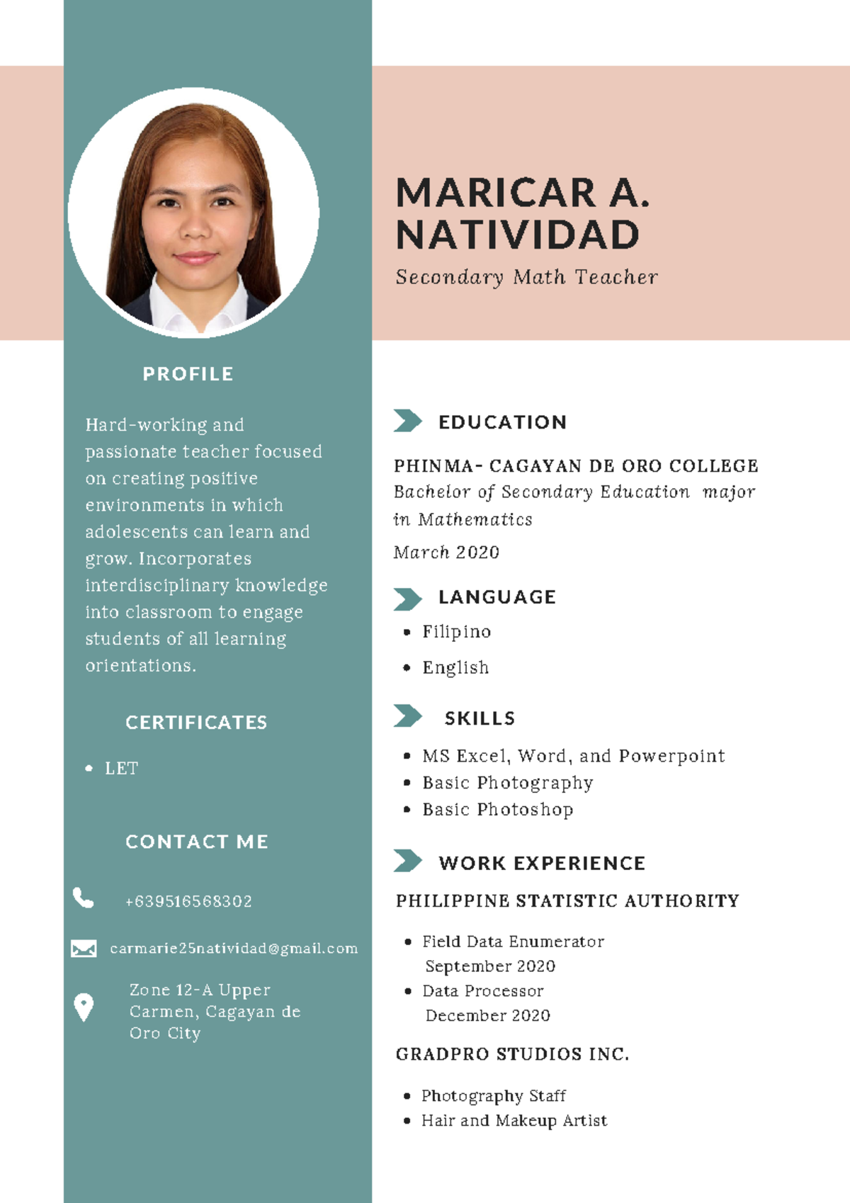 Maricar A. Natividad - MATH - P R O F I L E Hard-working and passionate ...