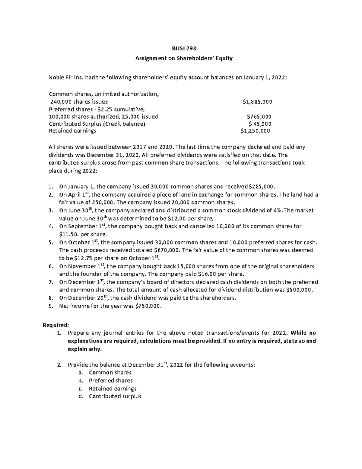 Assignment on Shareholders' Equity (101) - BUSI 293 Assignment on ...