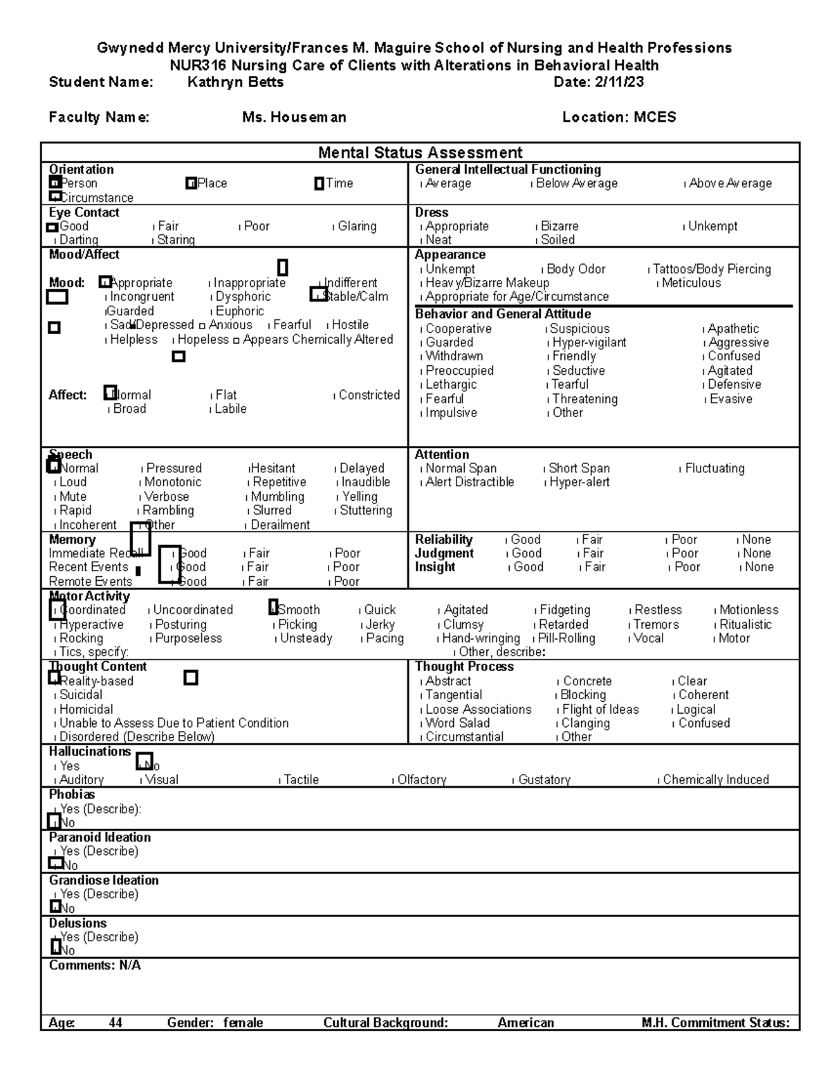 Mental Status Assessment - NUR 316 - Gwynedd Mercy University/Frances M ...