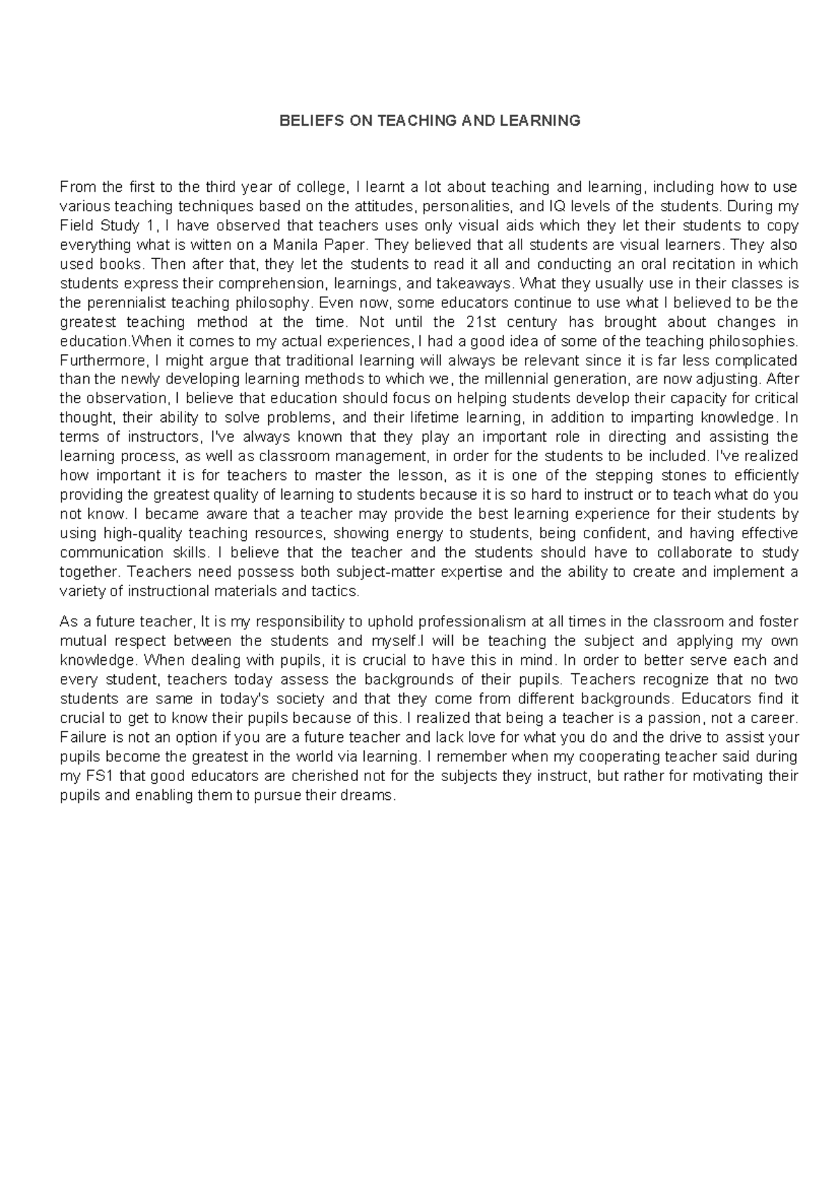 Beliefs in Teaching - GFDMJH,M - BELIEFS ON TEACHING AND LEARNING From ...
