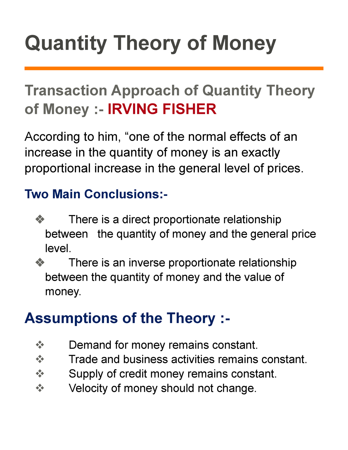 Quantity Theory Of Money Part 1 Quantity Theory Of Money 