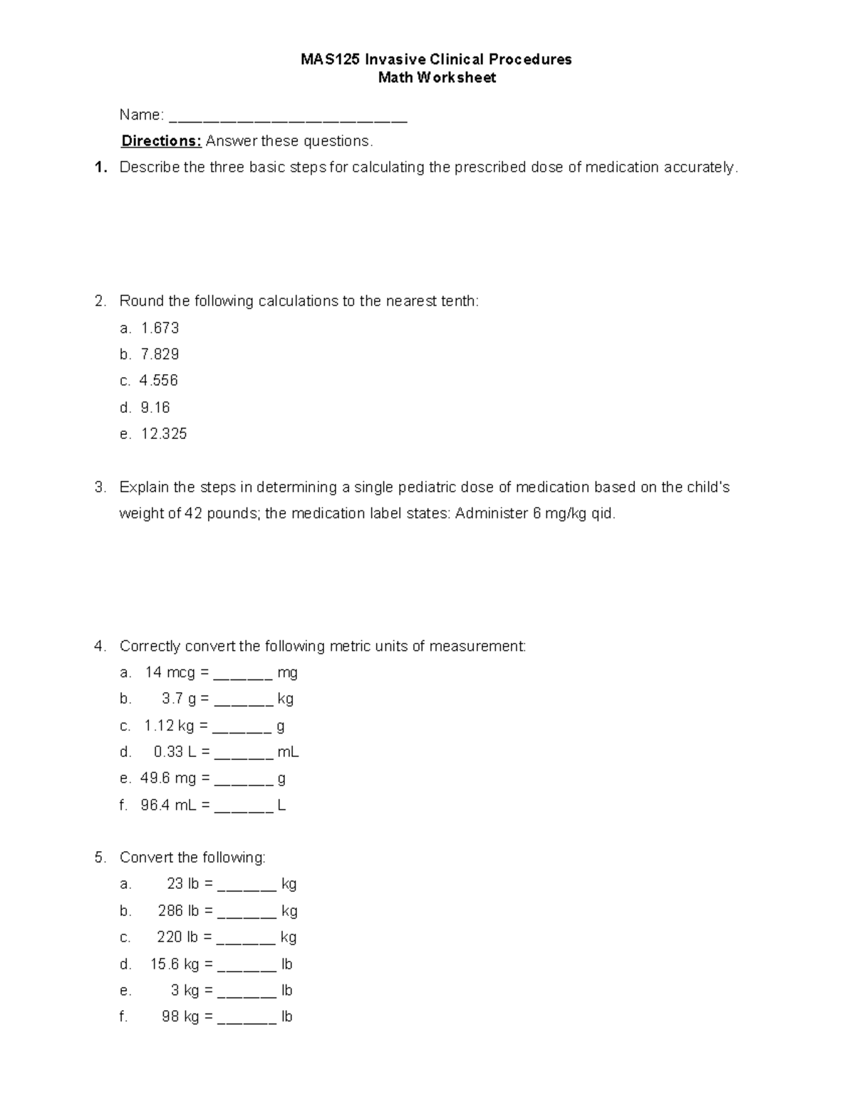 GMAS125M.1 Week 4 Math Worksheet - MAS125 Invasive Clinical Procedures ...