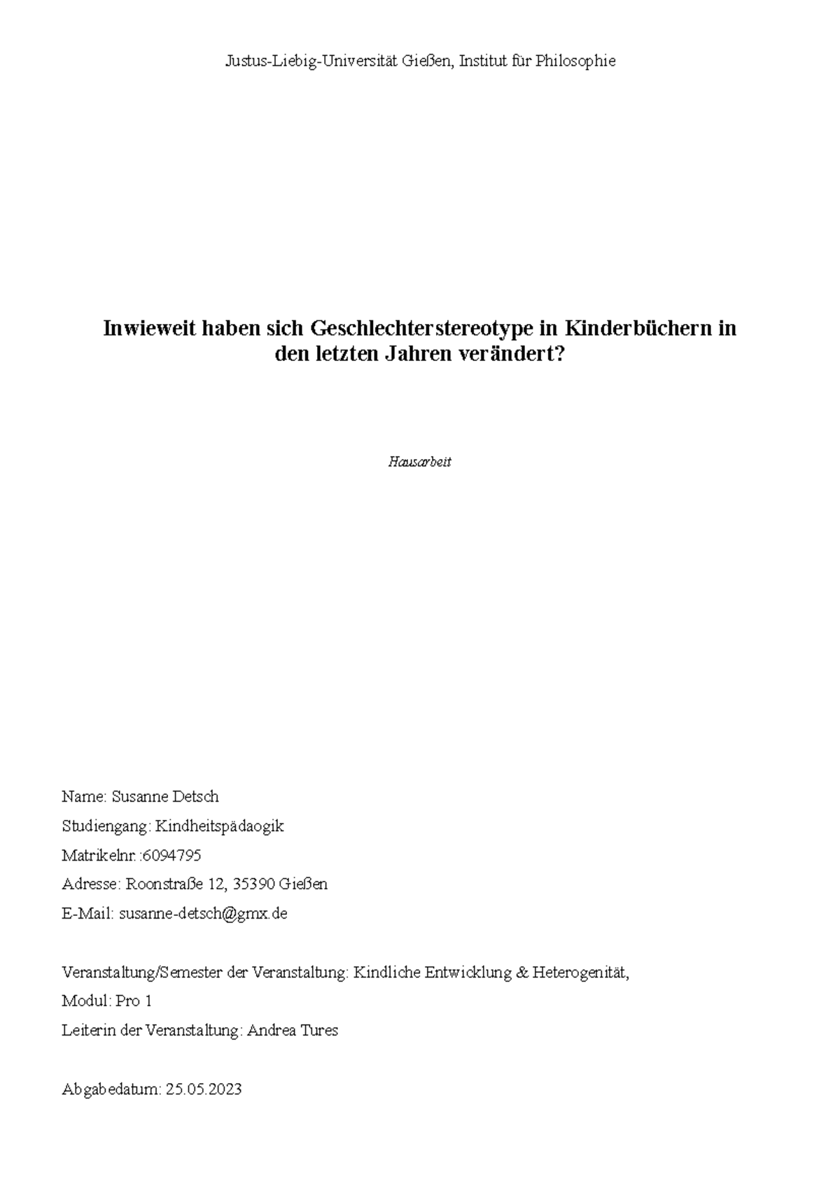 Hausarbeit Kinderbücher JustusLiebigUniversität Gießen, Institut