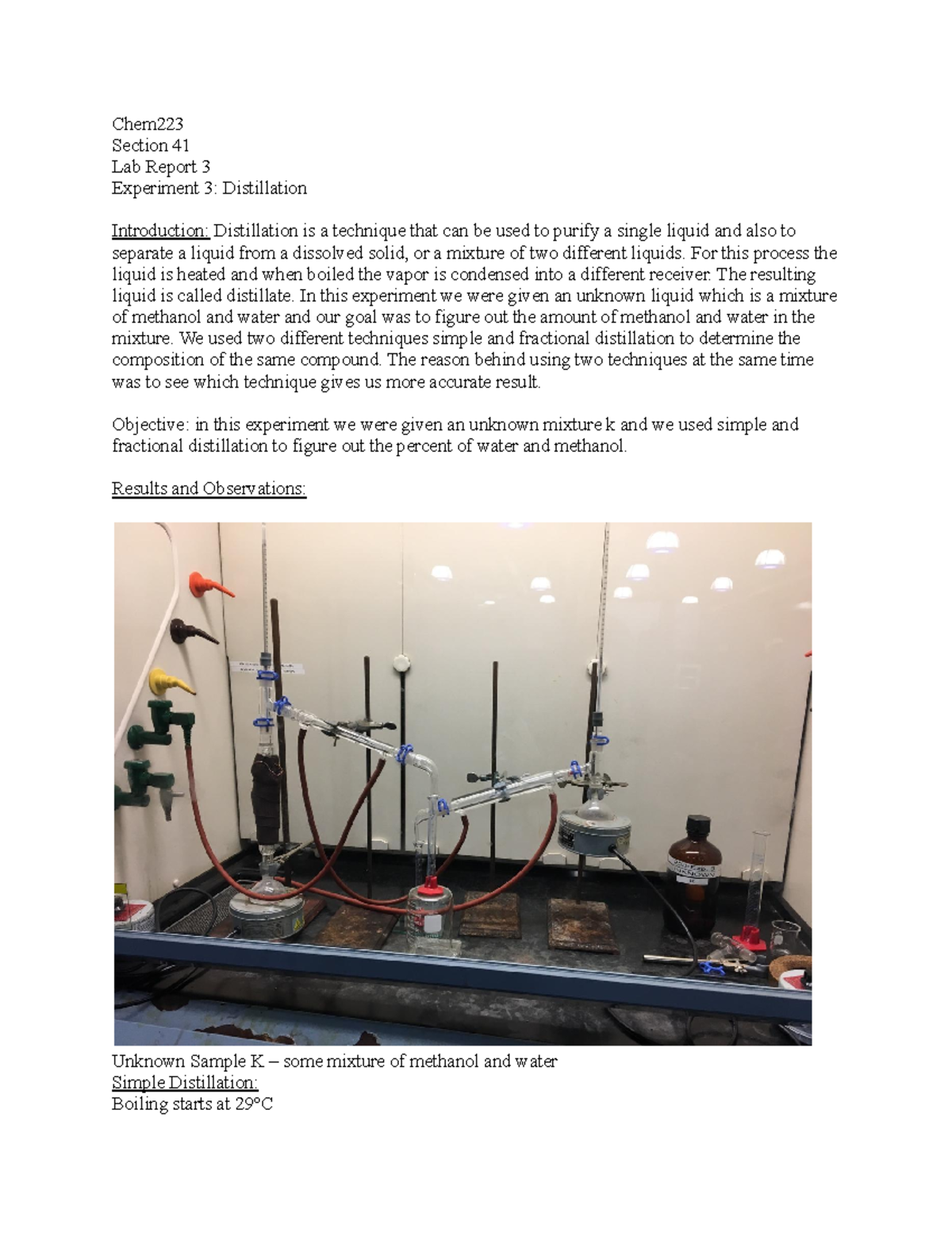 Lab report 3 Chem Section 41 Lab Report 3 Experiment 3 Distillation
