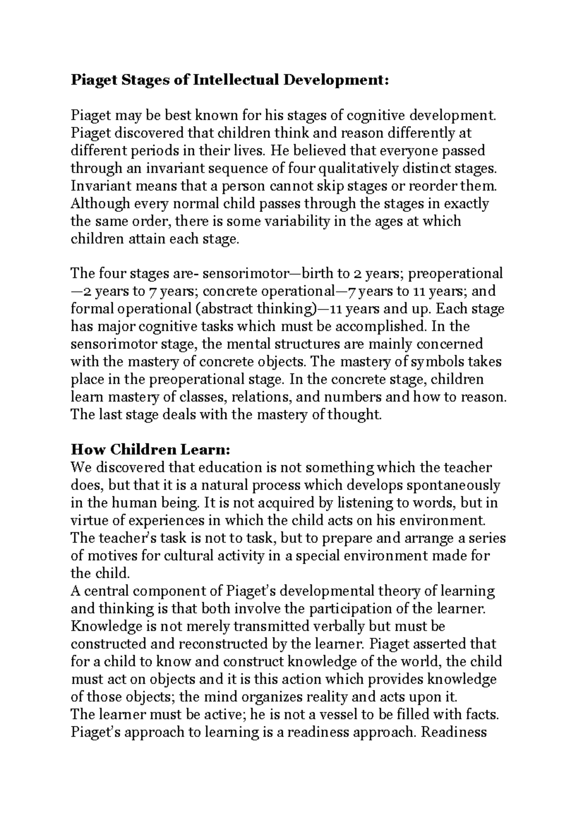 Piaget Stages of Intellectual Development - Piaget discovered that ...