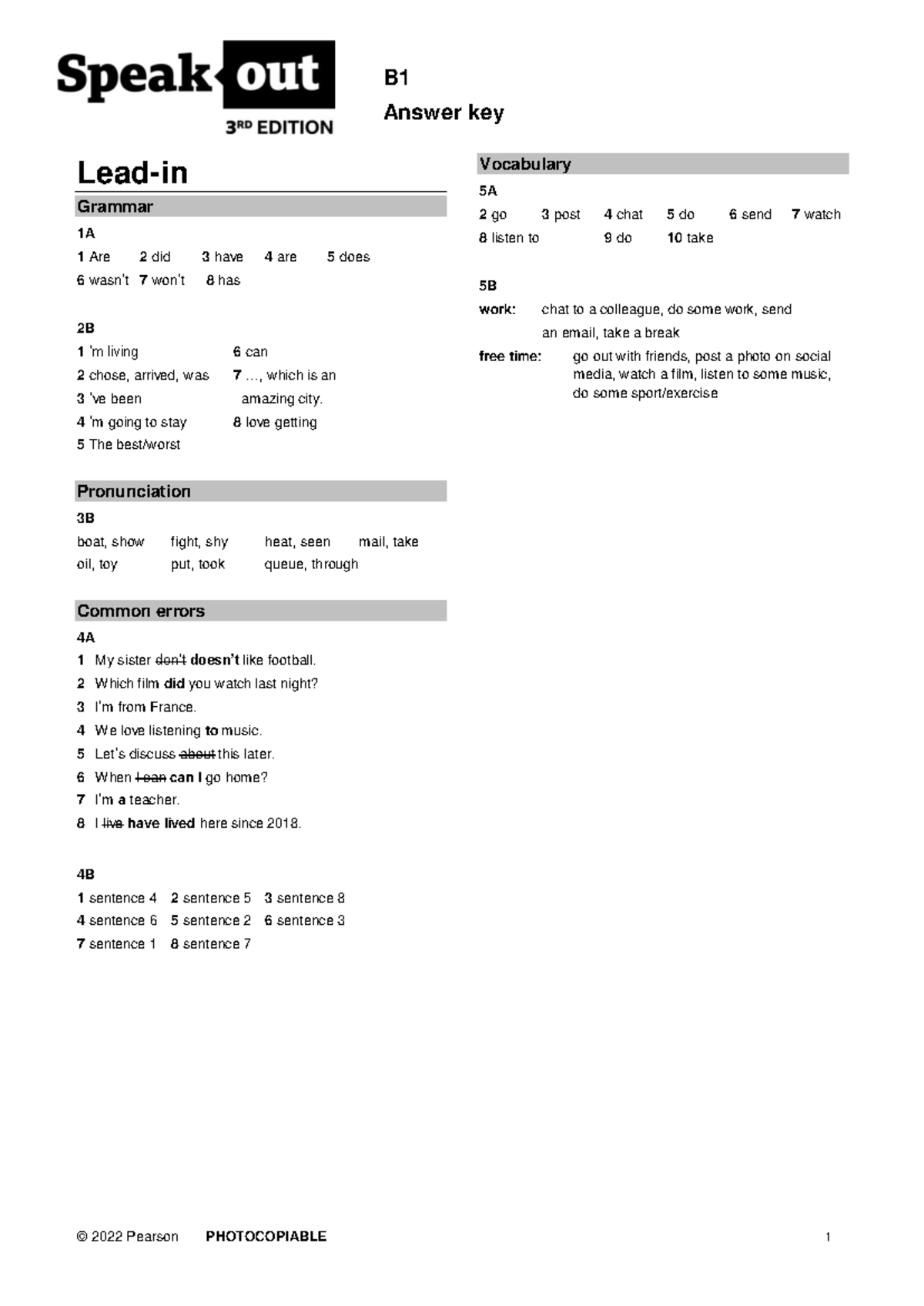 Speakout 3rd Edition B1 Student's Book Keys - Answer key Lead-in ...