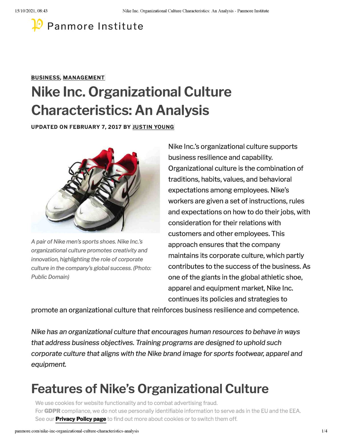 Panmore Institute Nike Inc. Organizational Culture An Analysis - Panmore Institute - Studocu
