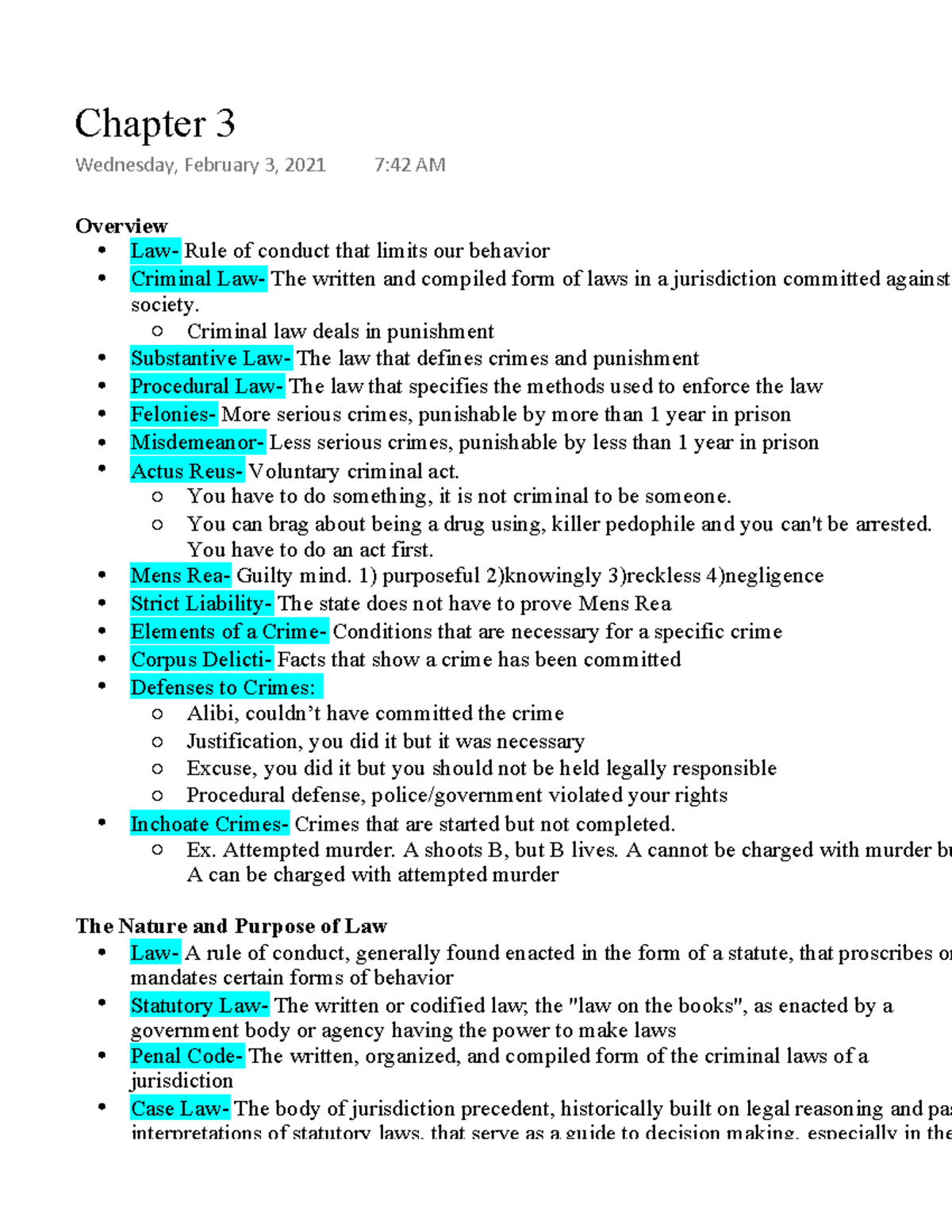 Chapter 3 - Lecture notes 3 - Overview - Law- Rule of conduct that ...