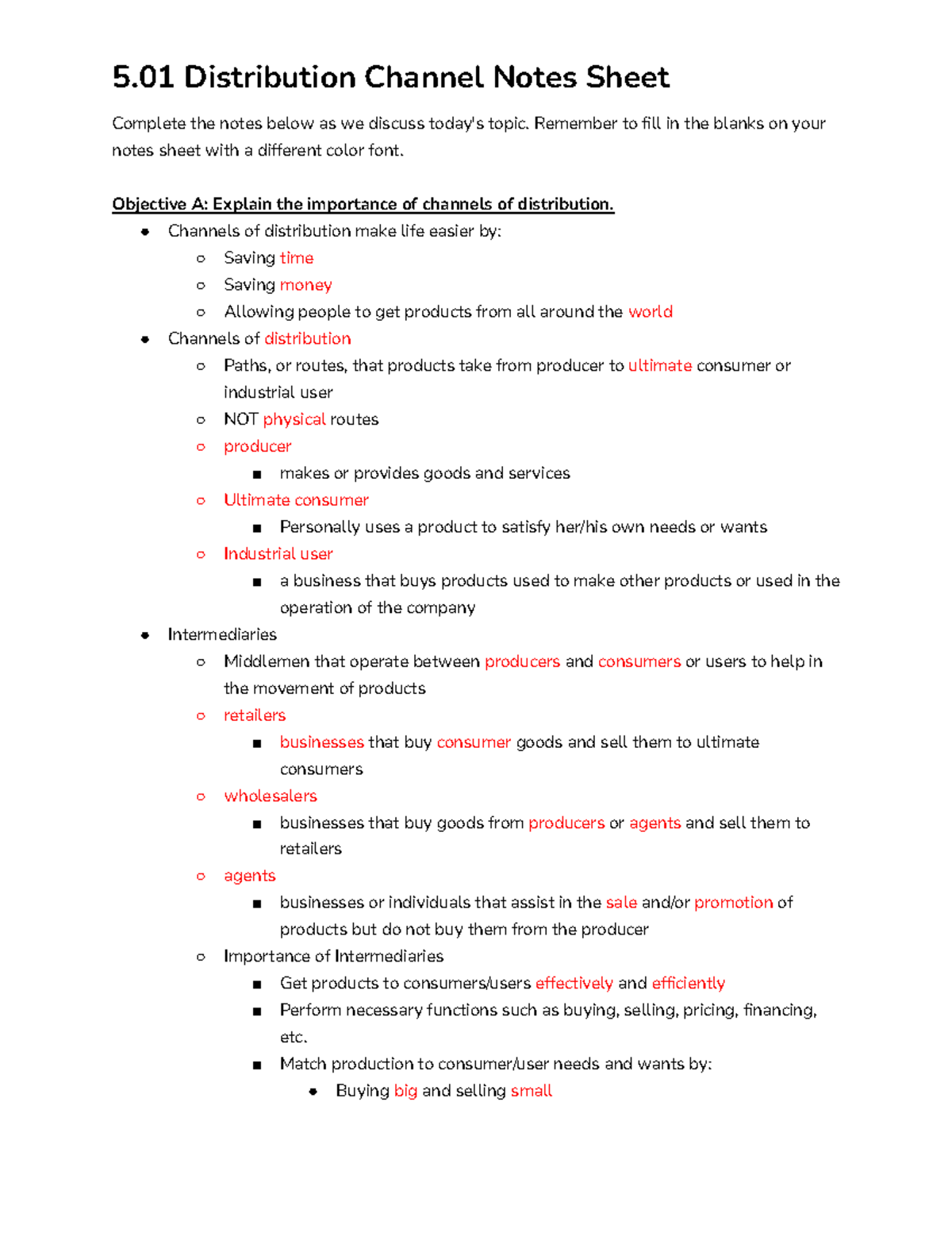 5.01 Distribution Channel Notes Sheet 5 Distribution Channel Notes
