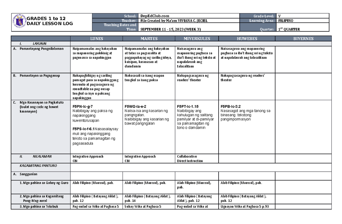 DLL Filipino 5 Q1 W3 - Lesson Plan - GRADES 1 to 12 DAILY LESSON LOG ...