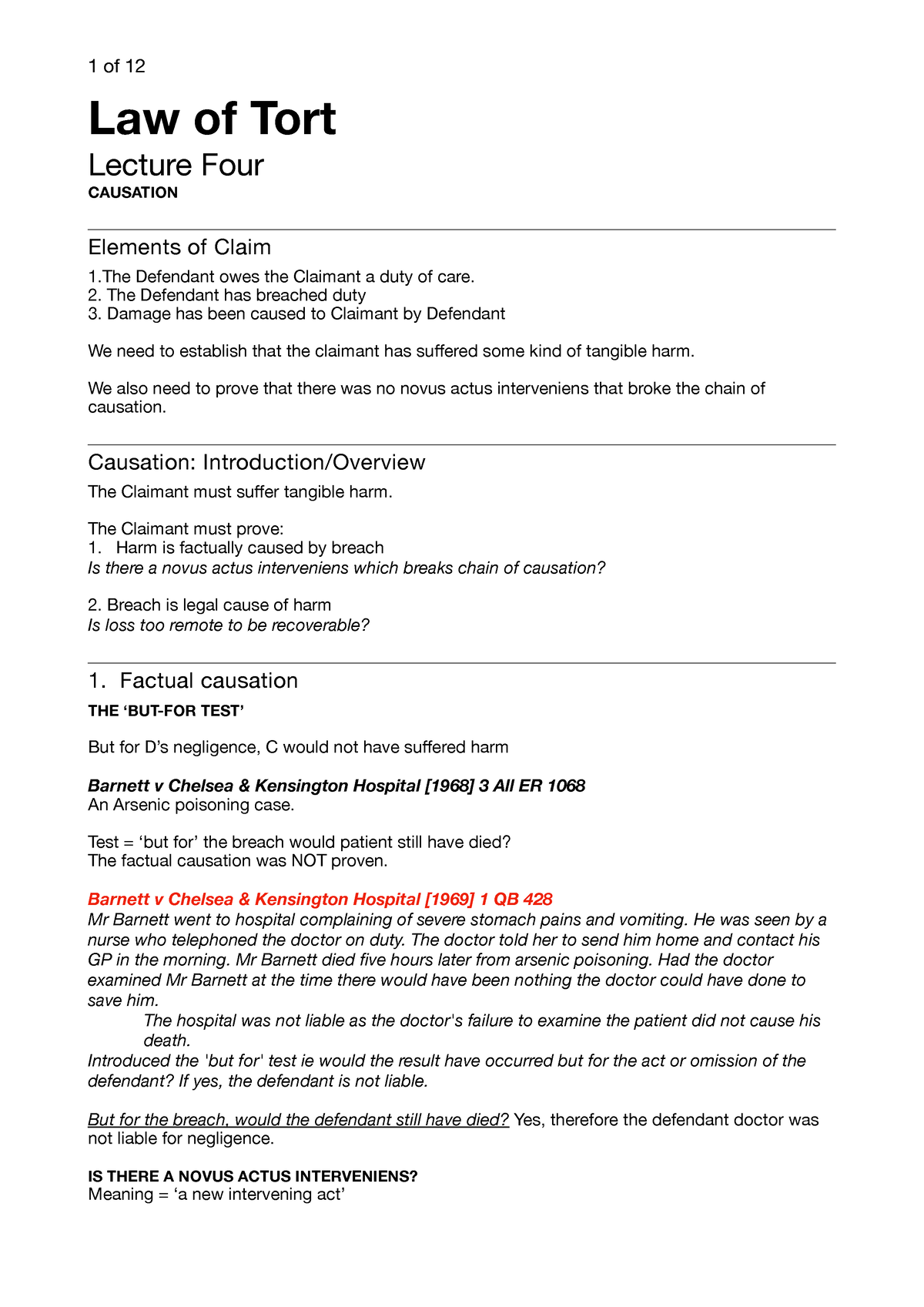 Law of Tort - Lecture 4 - Law of Tort Lecture Four CAUSATION Elements ...
