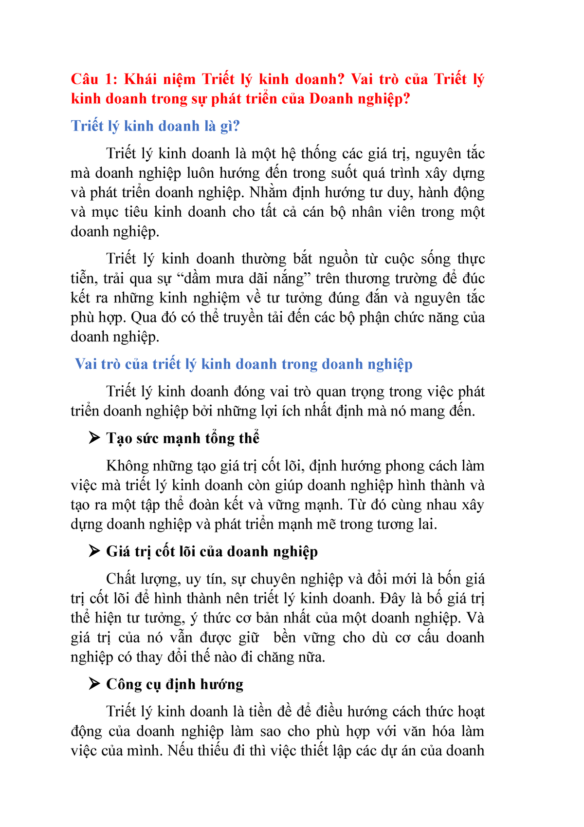 Thảo luận chương 2 VHKD N9 - Câu 1: Khái niệm Triết lý kinh doanh? Vai trò của Triết lý kinh doanh - Studocu