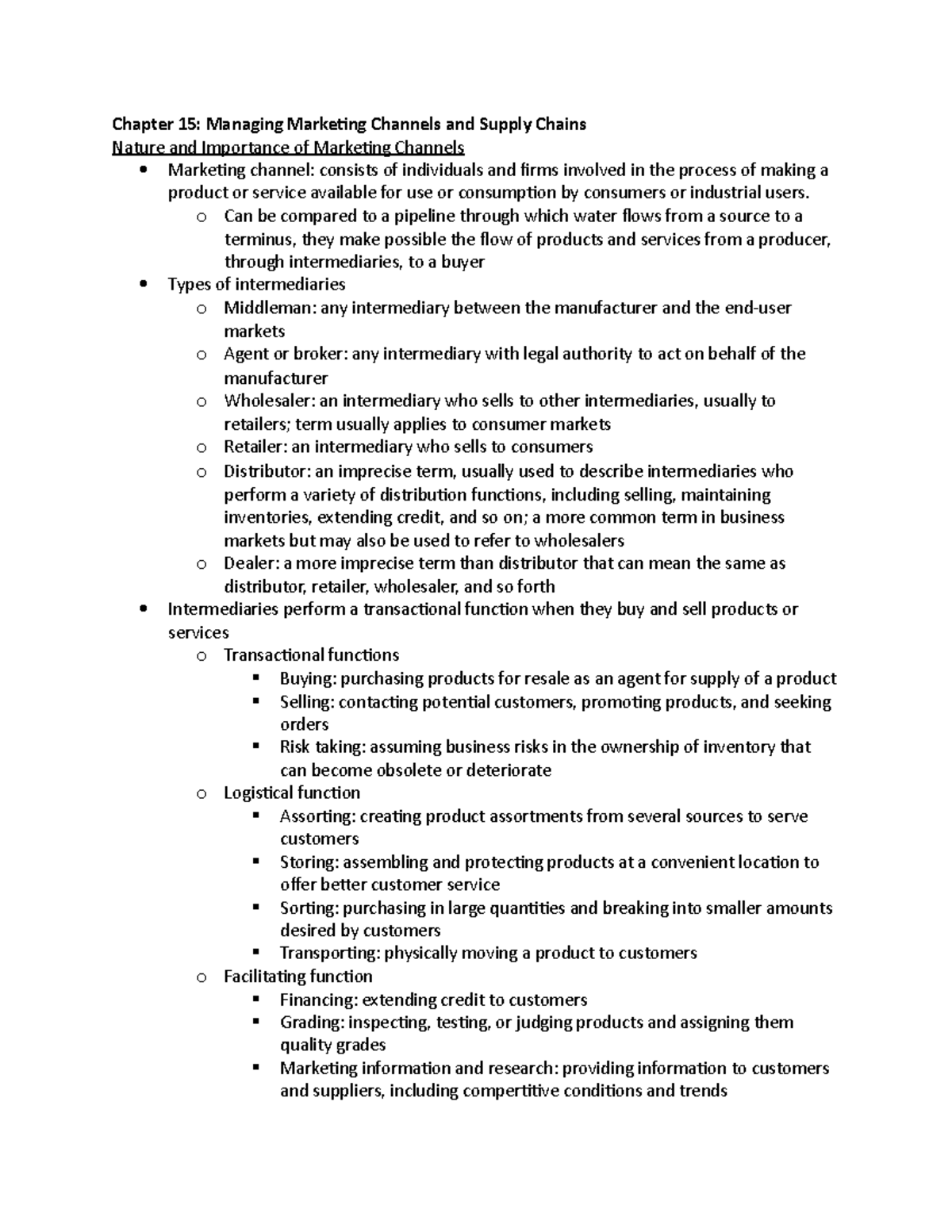 Marketing Unit 3 Notes - Chapter 15: Managing Marketing Channels And ...