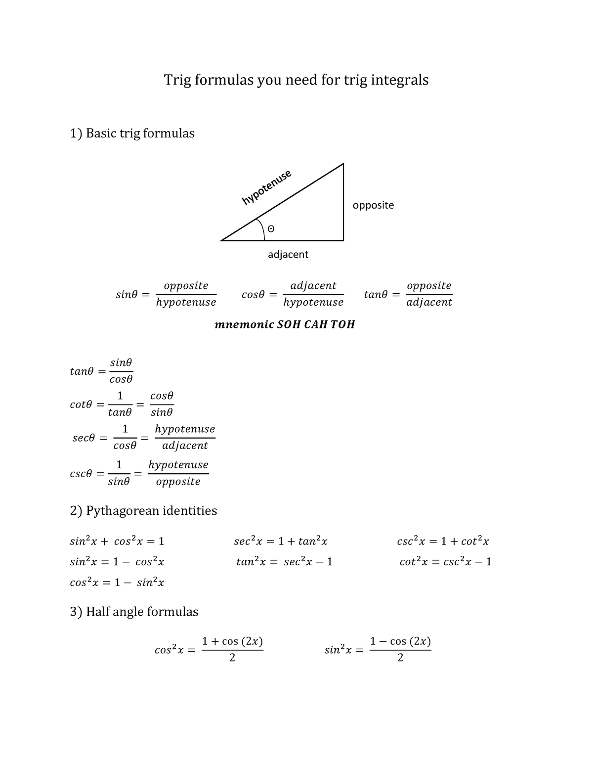 Trig Formulas For Trig Integrals - Θ Trig Formulas You Need For Trig ...