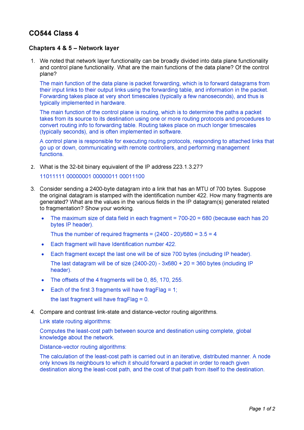 Answer Class 4 Chapter 4 Network Layer - Page 1 Of 2 CO544 Class 4 ...