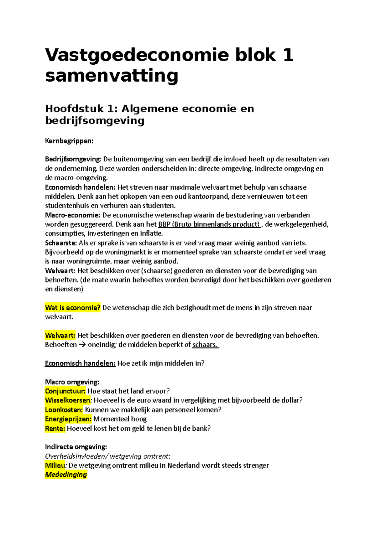 VE Samenvatting - Vastgoedeconomie Blok 1 Samenvatting Hoofdstuk 1 ...