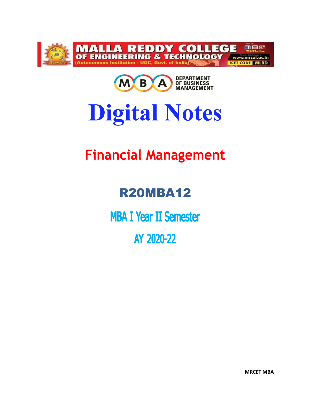 Financial Management - Digital Notes Financial Management R20MBA MBA I ...