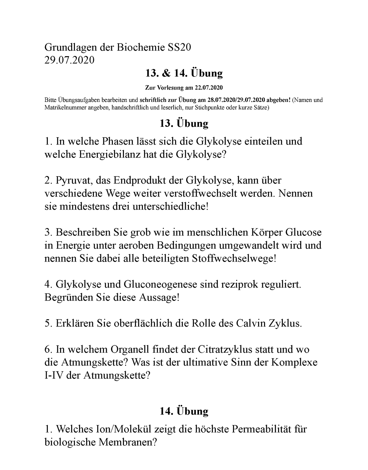 13. Und 14. Übung Biochemie I - Grundlagen Der Biochemie SS 29. 13 ...