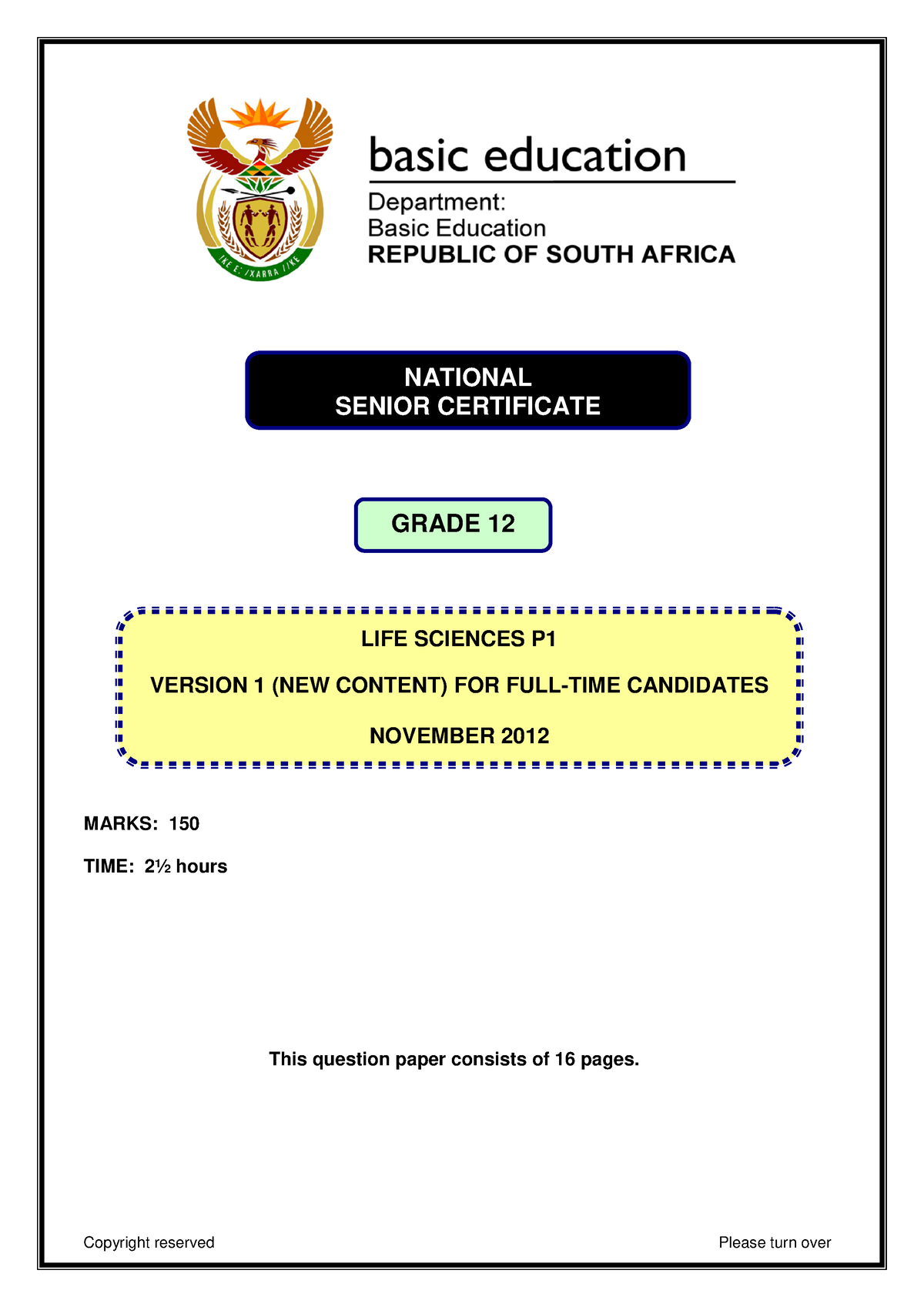 NSC 2012 Life Sciences P1 Nov 2012 Version 1 Eng - MARKS: 150 TIME: 2½ ...