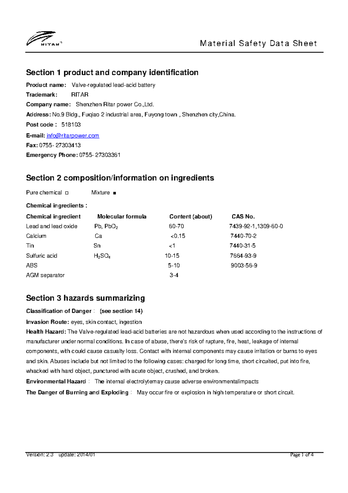 Msds-vrla2014 01 2014 - Documentos Requeridos - Section 1 Product And 