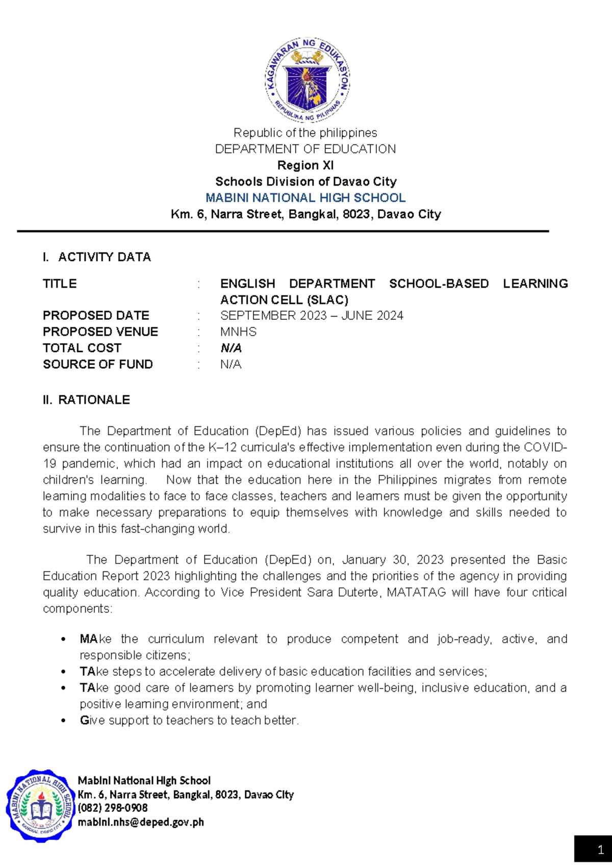 Final LAC Proposal SY 23-24 - Republic of the philippines DEPARTMENT OF ...