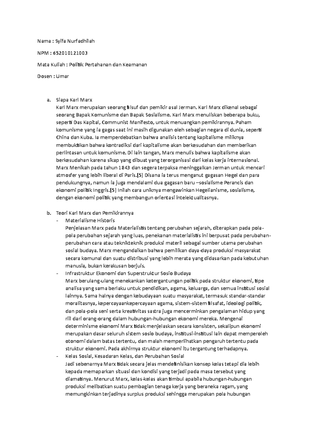 Karl Marx Class notes for communist material defense and security