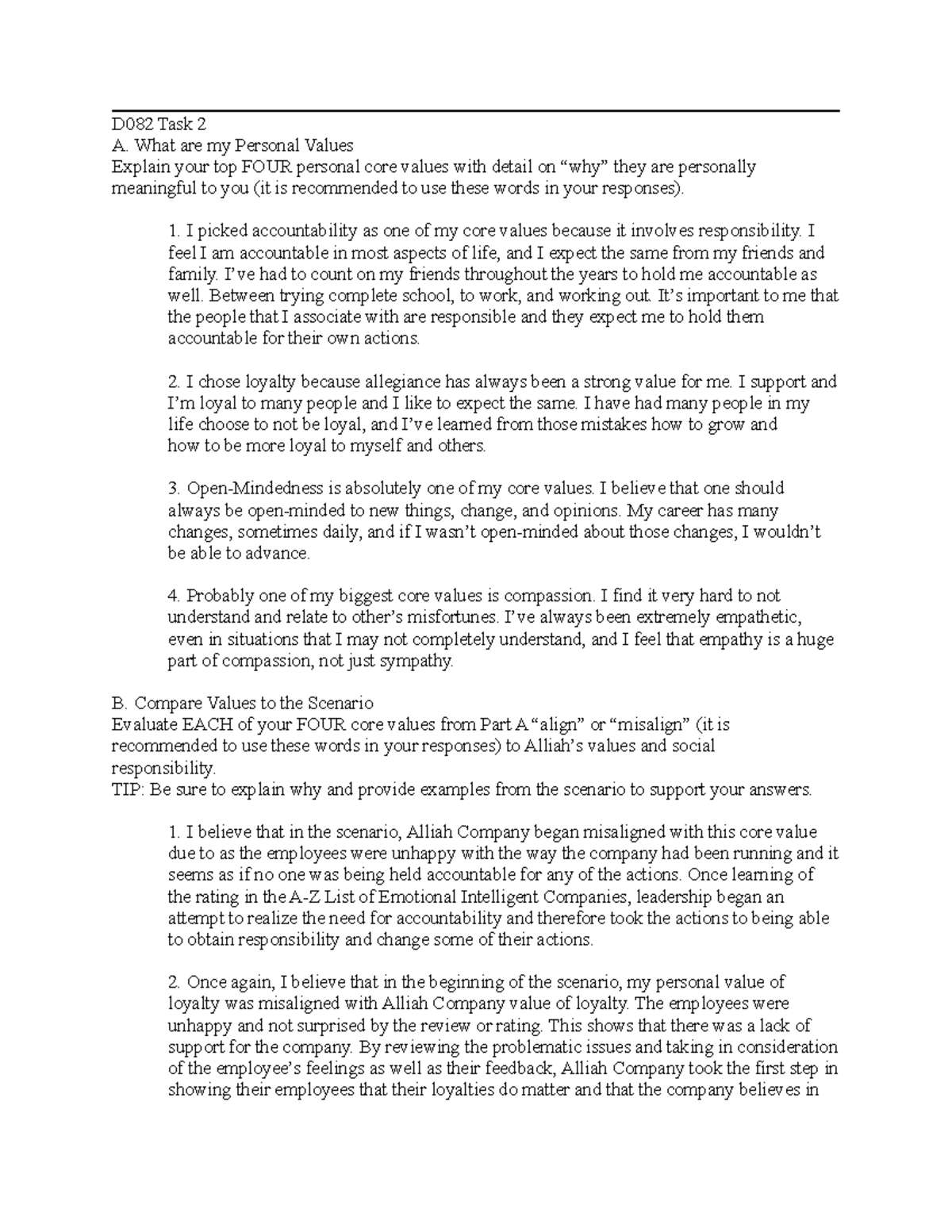 D082 Task 2 sample 2 complete - D082 Task 2 A. What are my Personal ...