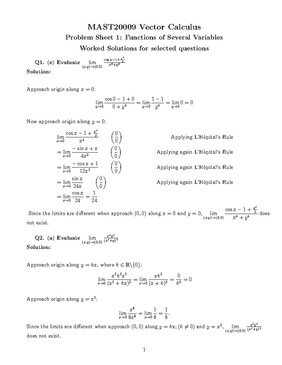 Worked Solutions 1 2022S1 - MAST20009 Vector Calculus Problem Sheet 1 ...