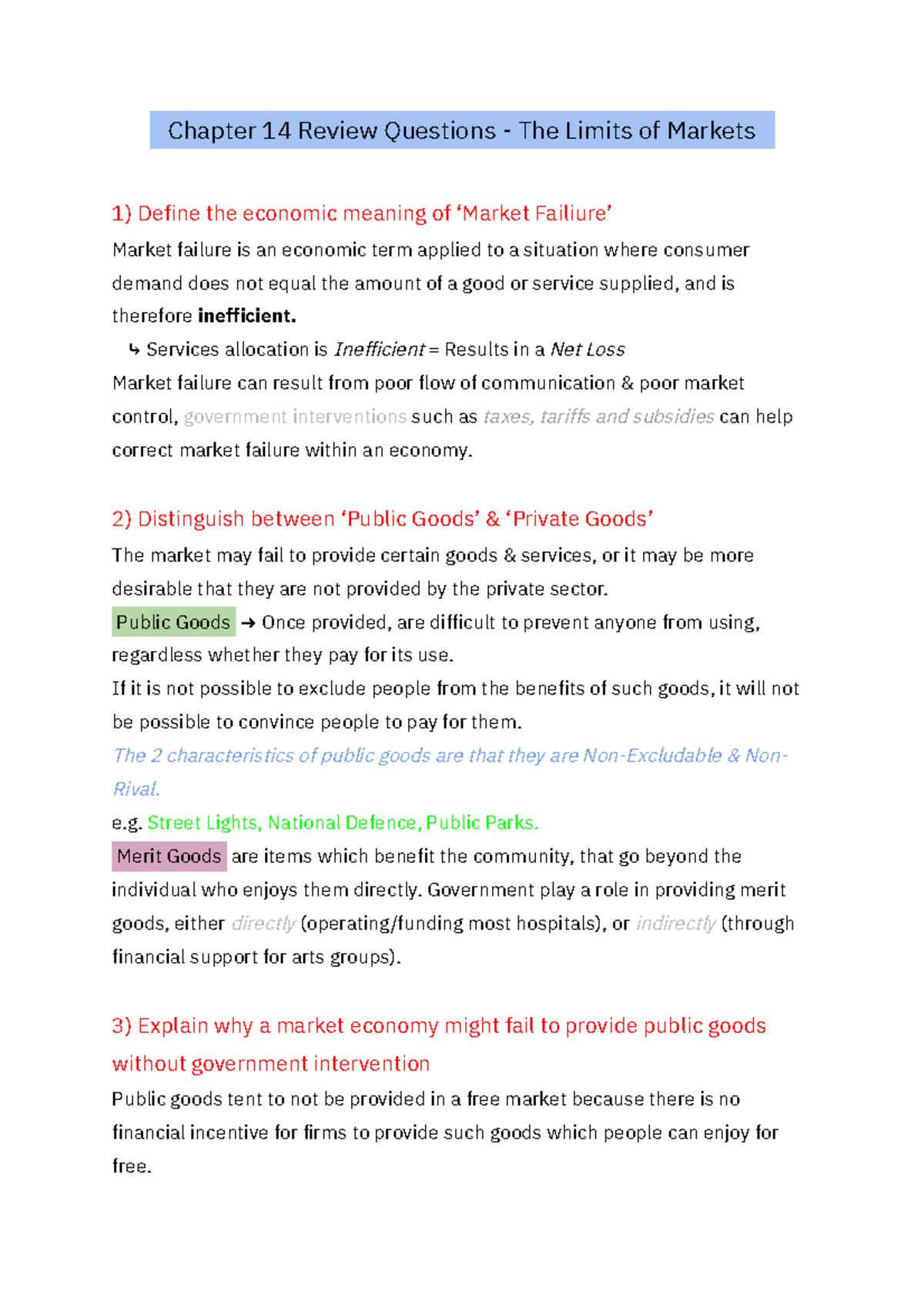 Theo - Chapter 14 - The Limits of Markets Questions - Chapter 14 Review Questions - The Limits ...