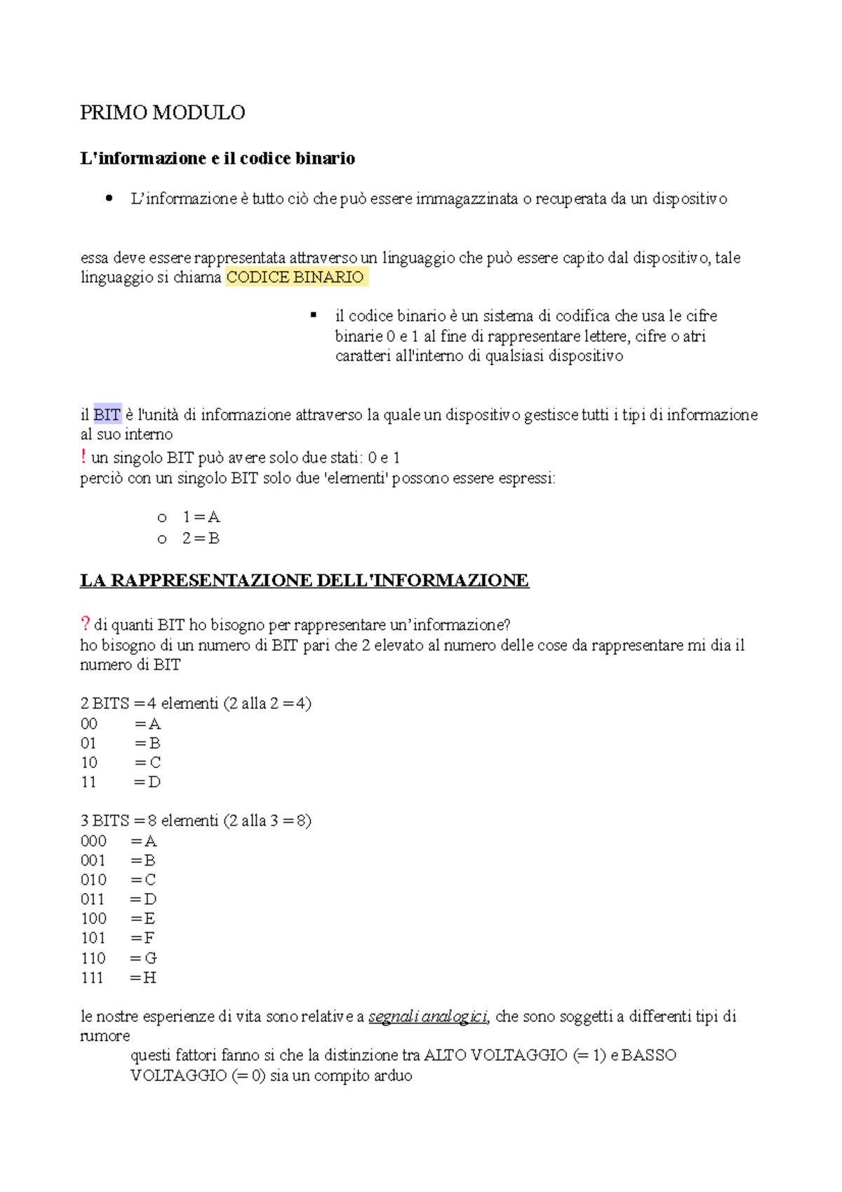 Primo Modulo Informatica - PRIMO MODULO L'informazione E Il Codice ...