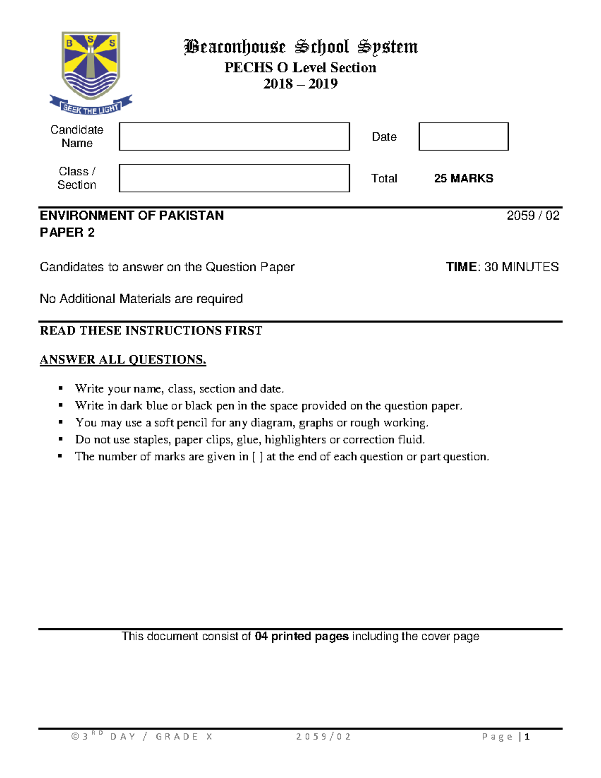 Population challenging questions Beaconhouse School System PECHS O