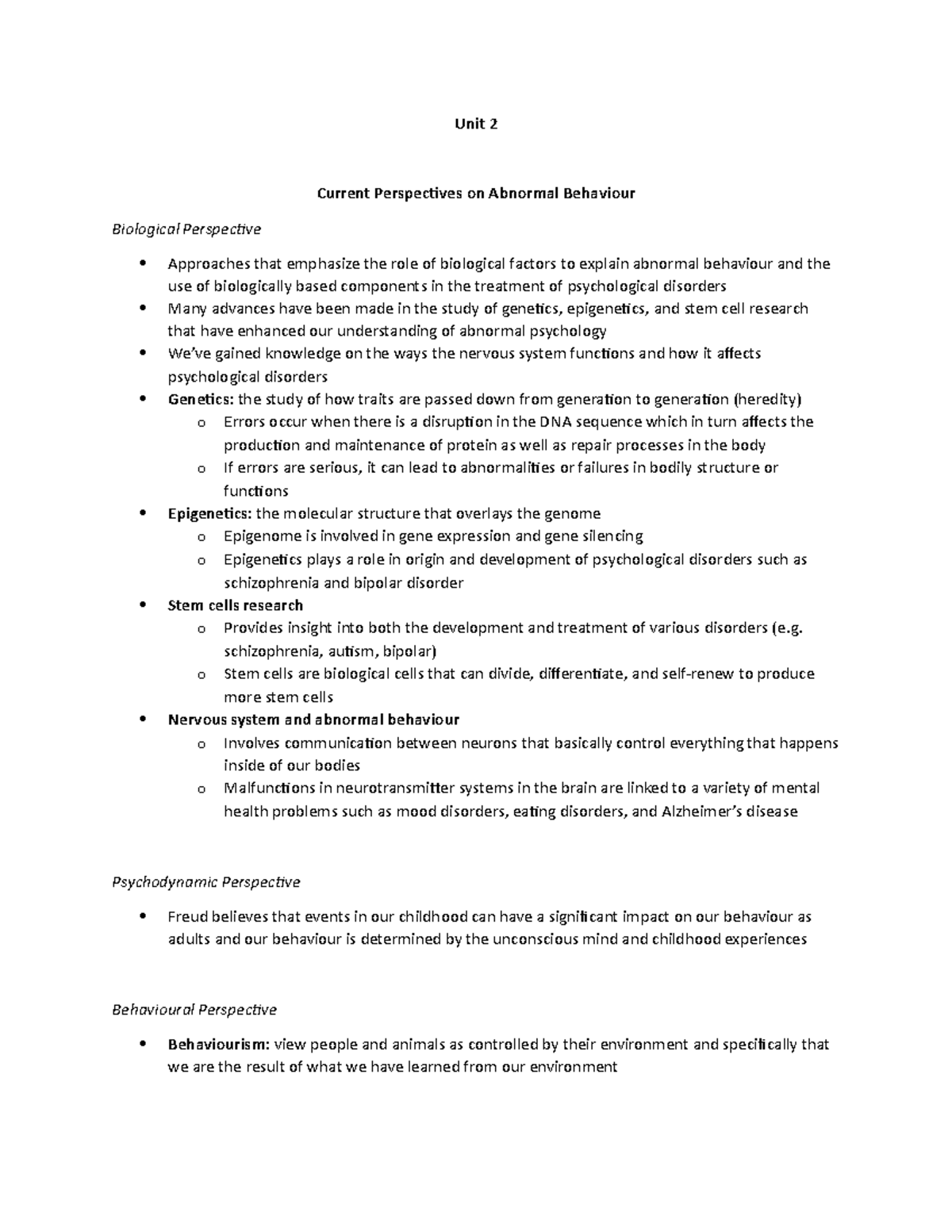 Unit 2 - current perspectives - Unit 2 Current Perspectives on Abnormal ...